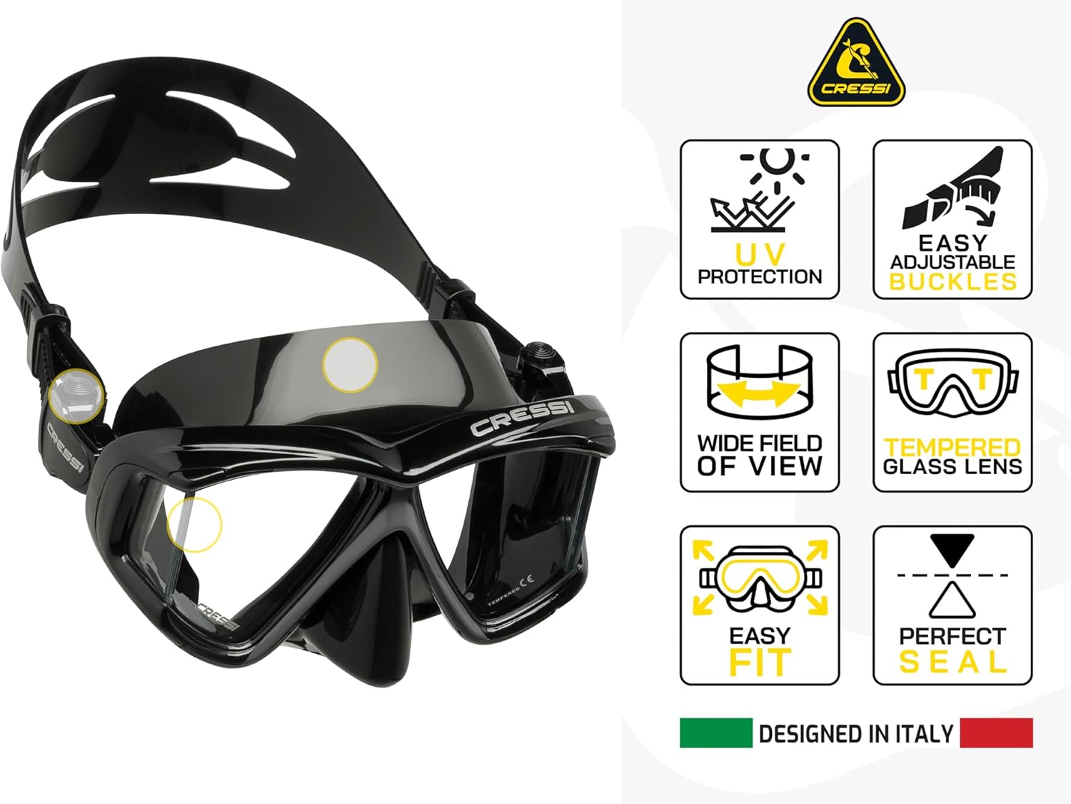 Cressi Wide View Dive Mask - 4-Window Tempered Glass - Soft Silicone Skirt for Perfect Seal - Pano 4: Designed in Italy