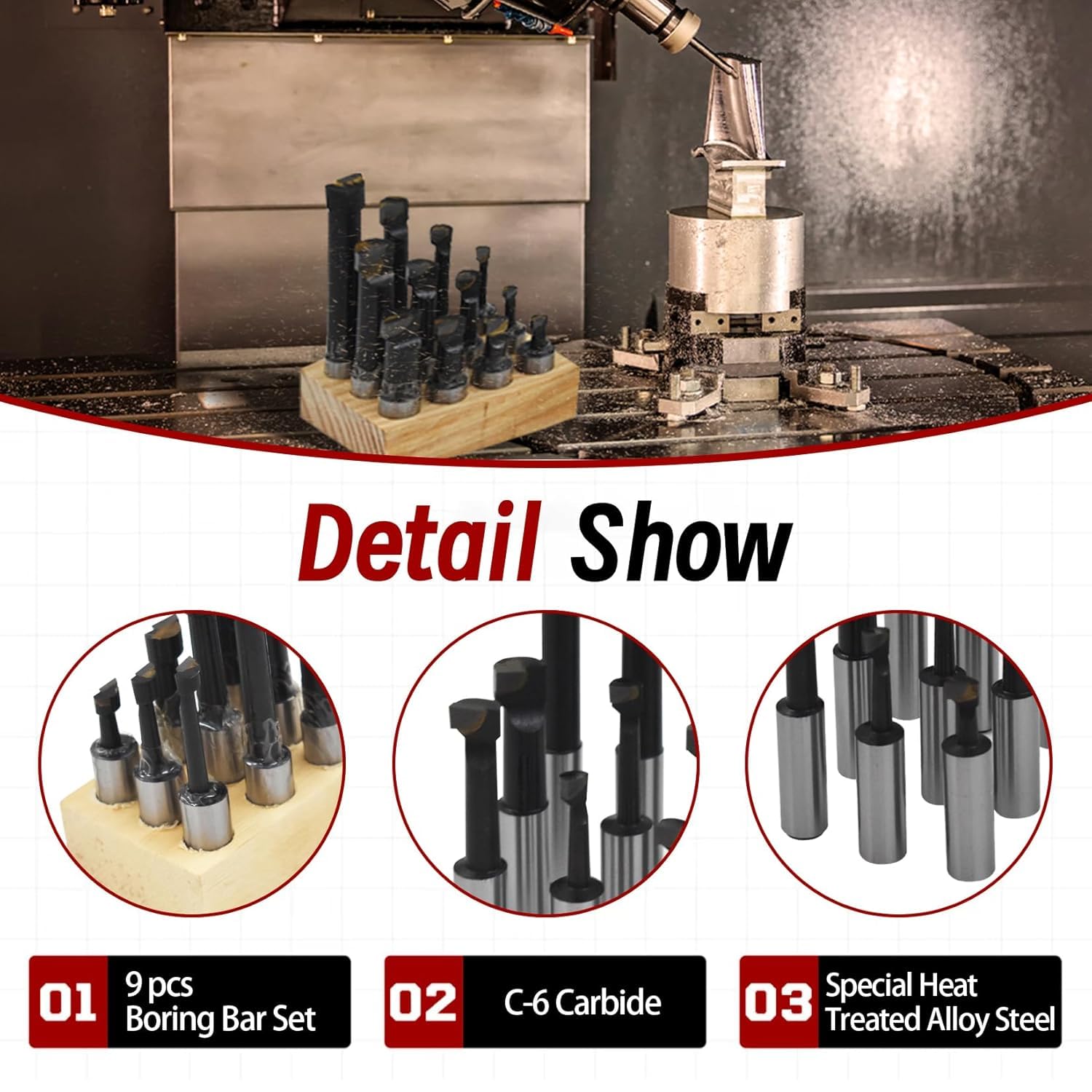 12mm Barre D'Alésage, 9 PièCes 1/2" F1 Type Barre D'Alésage Tournage Kit Avec Base, Ensemble TêTe D'Alésage Outils De Tournage Tenant Outil De Tour Cnc Support AléSoir Tour à MéTaux PerçAge