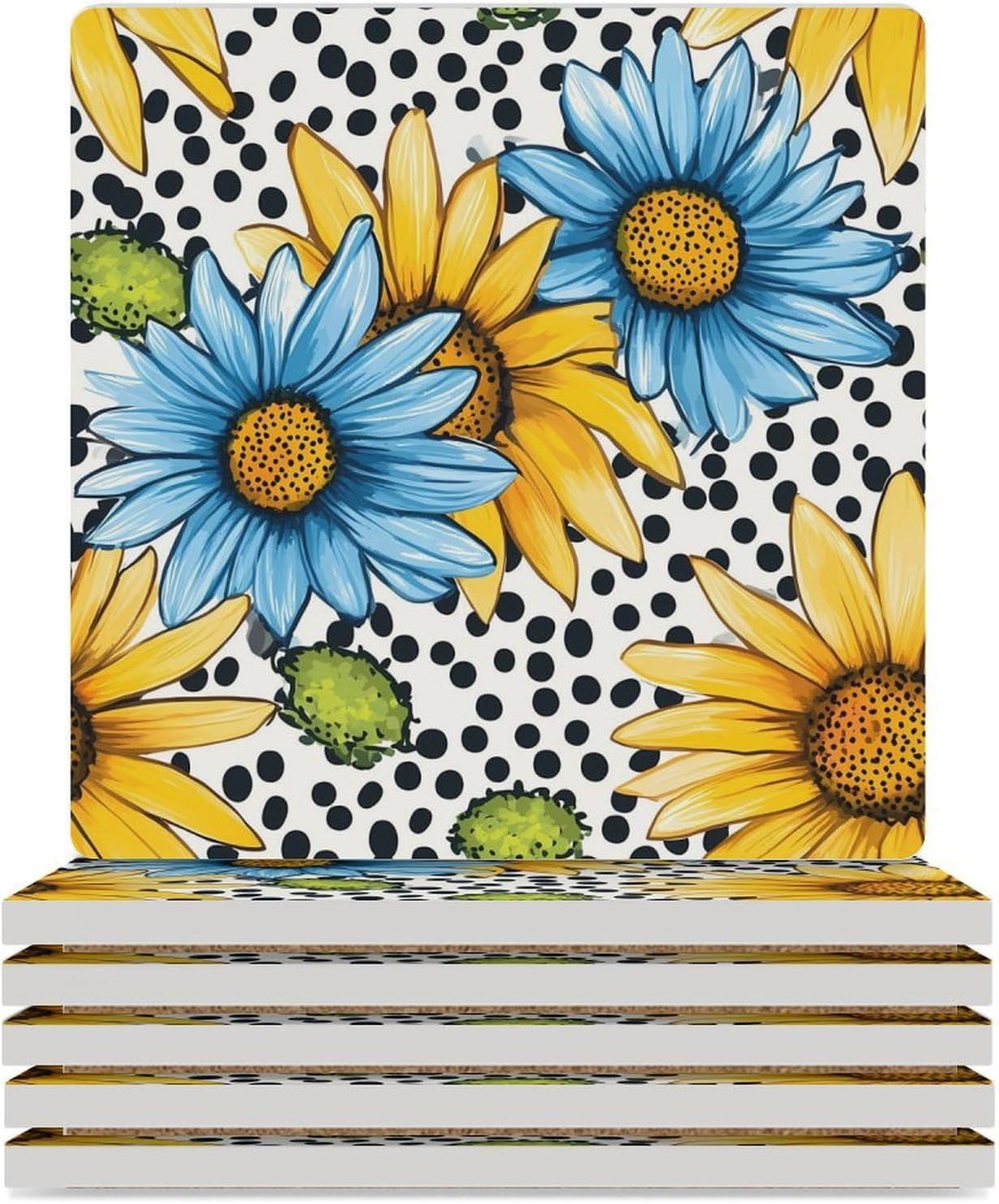 Sunflower Black White Spotted Coasters for Drinks Square Table Coasters Set Cup Mats with Cork Base