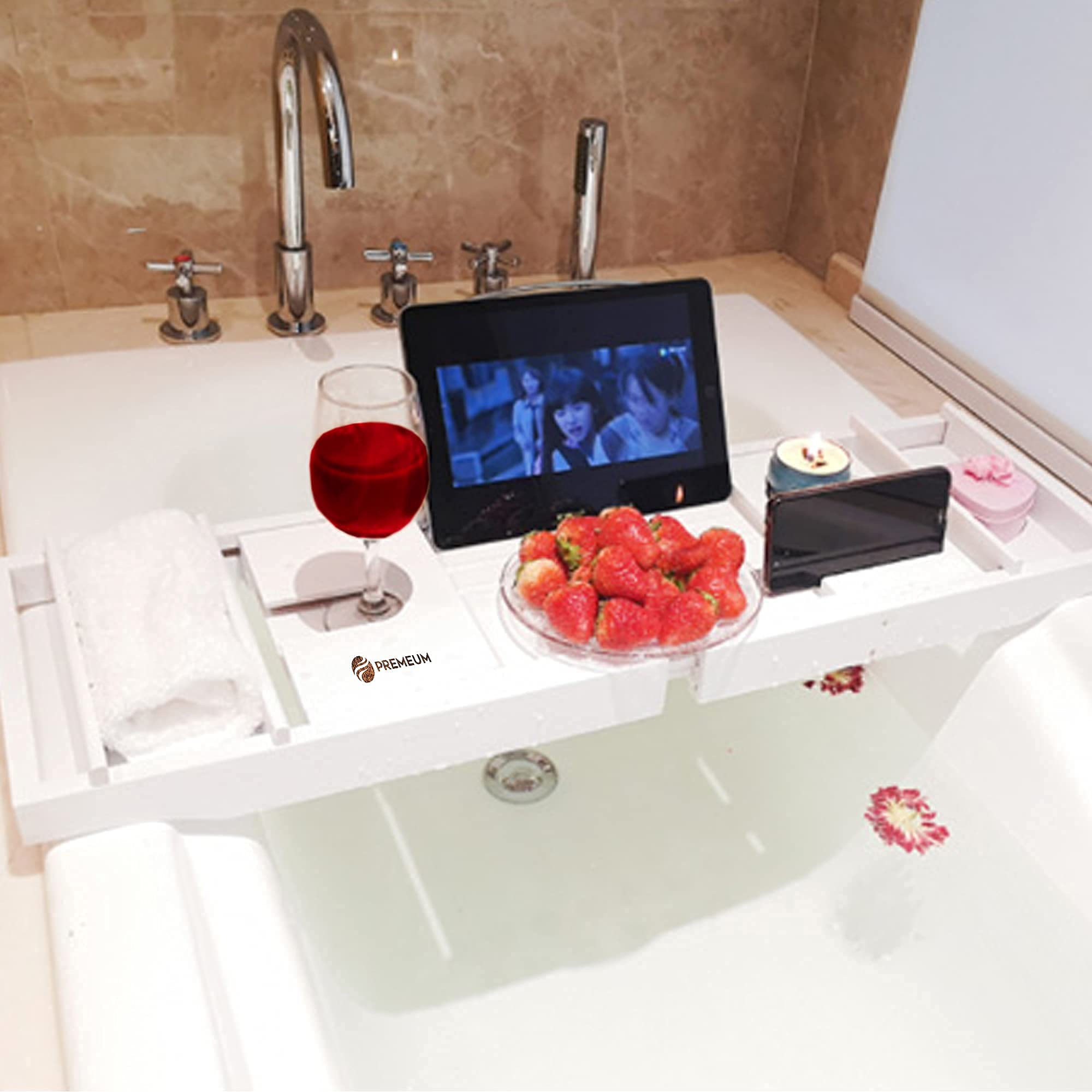 Premeum Adjustable Bamboo Bath Caddy Tray – Includes Detachable Spa Trays and Soap Holder - Hand-Crafted White Bamboo Bathtub Accessory – Lavish and Natural Serving Tray for Bathtub