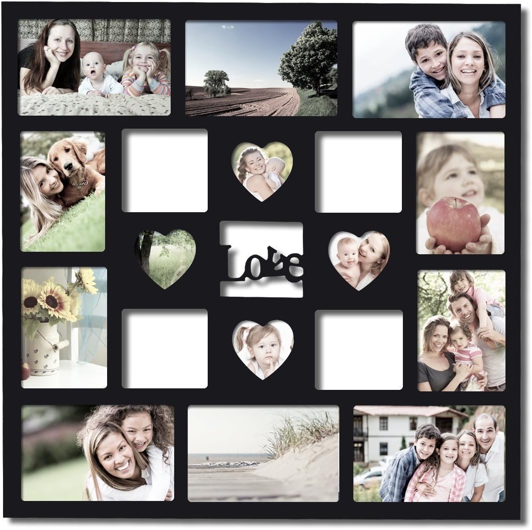 Adeco PF0431 Decorative Black Wood Love Wall Hanging Collage Picture Photo Frame, Black