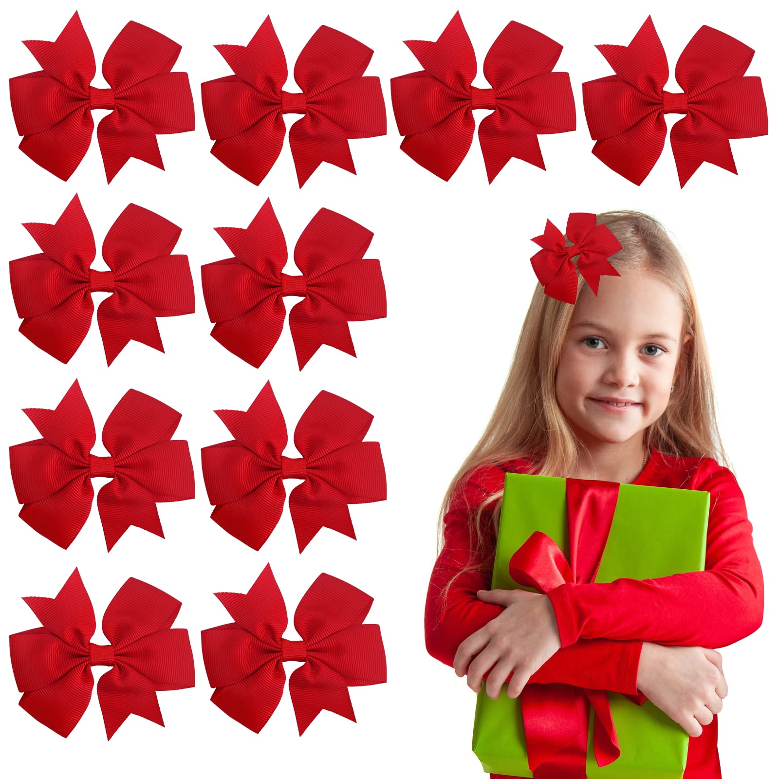 Sibba 10 Pieces Ribbon Hair Bows Alligator Clips Hairbows Barrettes 3 Inch Red Ponytail Holder Cheerleading Hairpin Christmas Valentine's Day Accessories for Women Toddler Girls - Image 2
