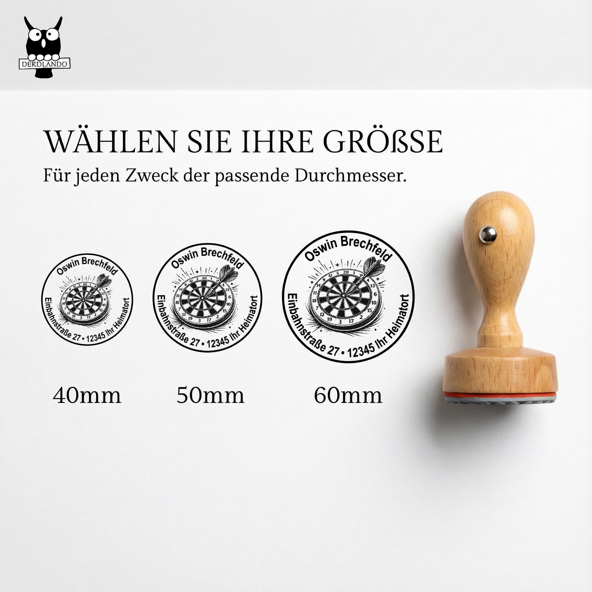 Personalisierter Holzstempel rund mit Adresse & Dartscheiben-Motiv – Wunschtext Stempel aus Holz – ideal für Post, Karten & Dartsfans