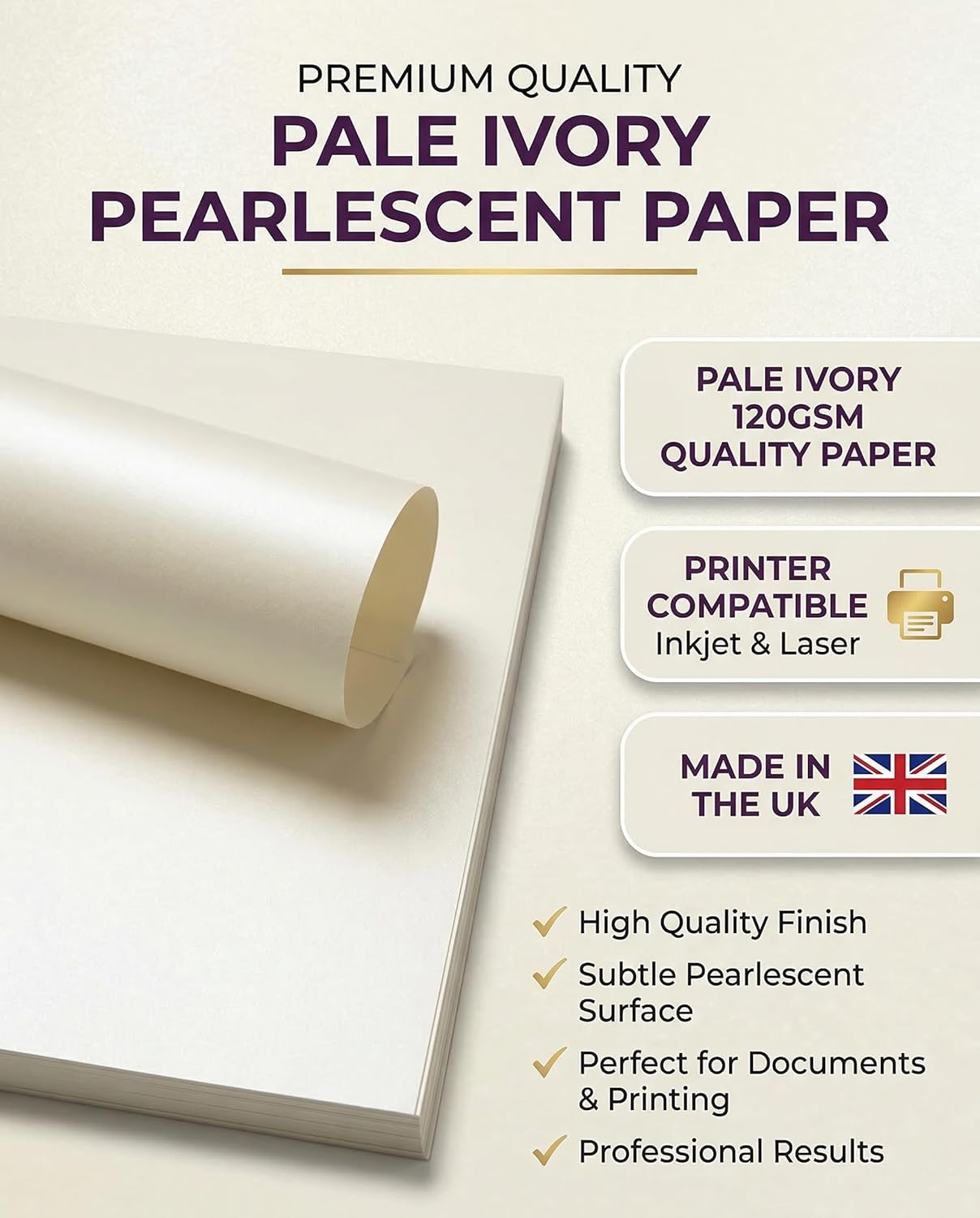 Premium Ivory Quarzo Pearl Paper – A4 (8.27 x 11.7 in) – 120gsm (32lb Bond) Shimmer Certificate & Cardstock Sheets for Inkjet & Laser Printers – Ideal for Awards, Invitations