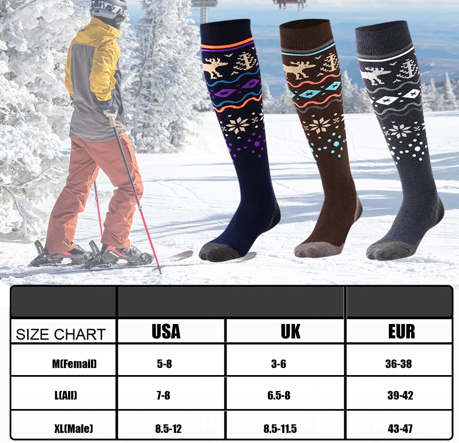 Lot de 2 paires de chaussettes de ski pour homme et femme - En laine mérinos Performance - Chaussettes de sport chaudes - Chaussettes thermiques pour filles et garçons - Pour le ski, le