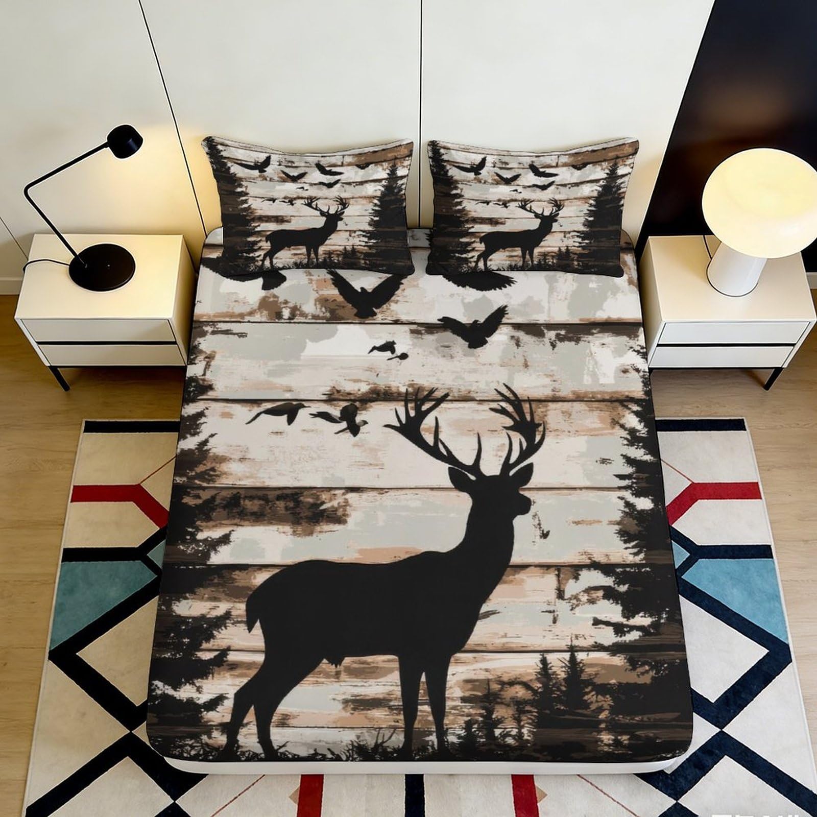 3D Printed Deer Forest Fitted Sheet Microfiber Soft Breathable Birds Woodland Mattress Cover for Bedroom Guest Room Decor 90x200x25cm