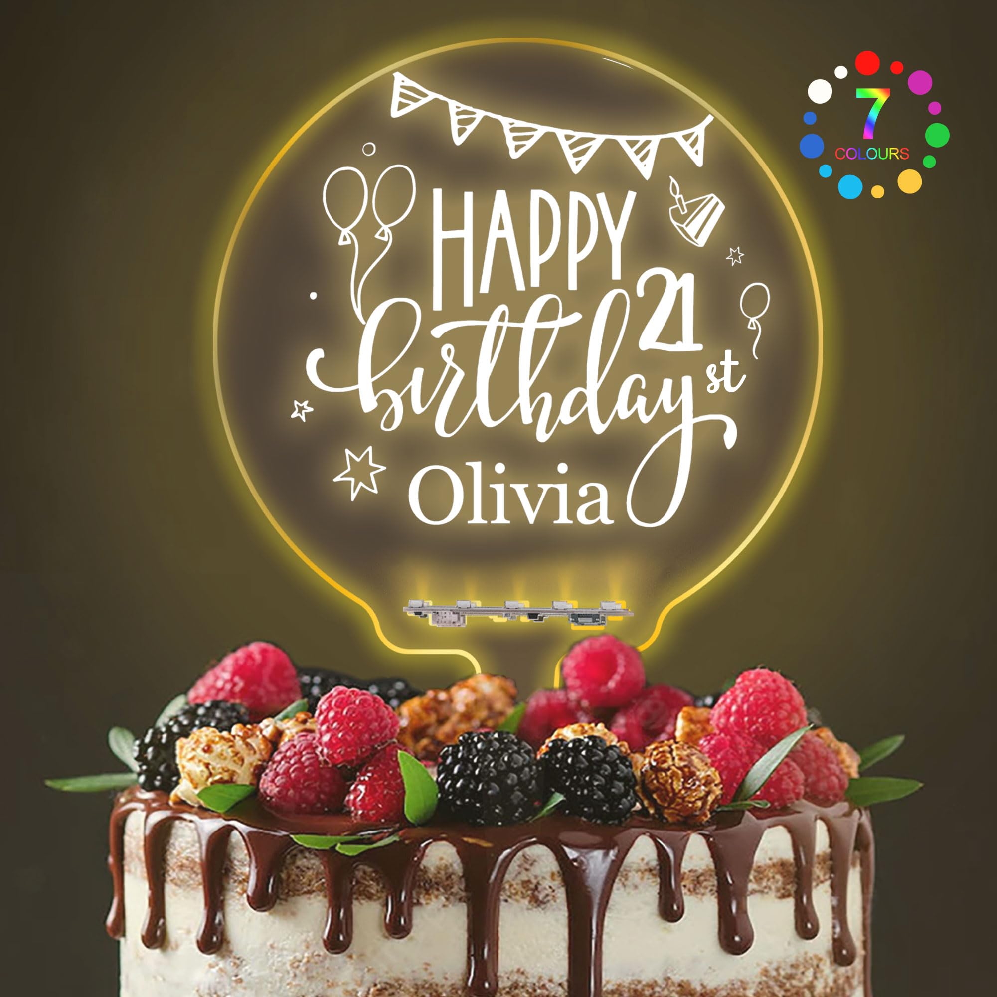 LED Personalised Happy Birthday Cake Topper Light Up for 1st, 10th, 16th, 18th, 20th, 21st, 30th, 40th, 50th, 60th (Design 1)