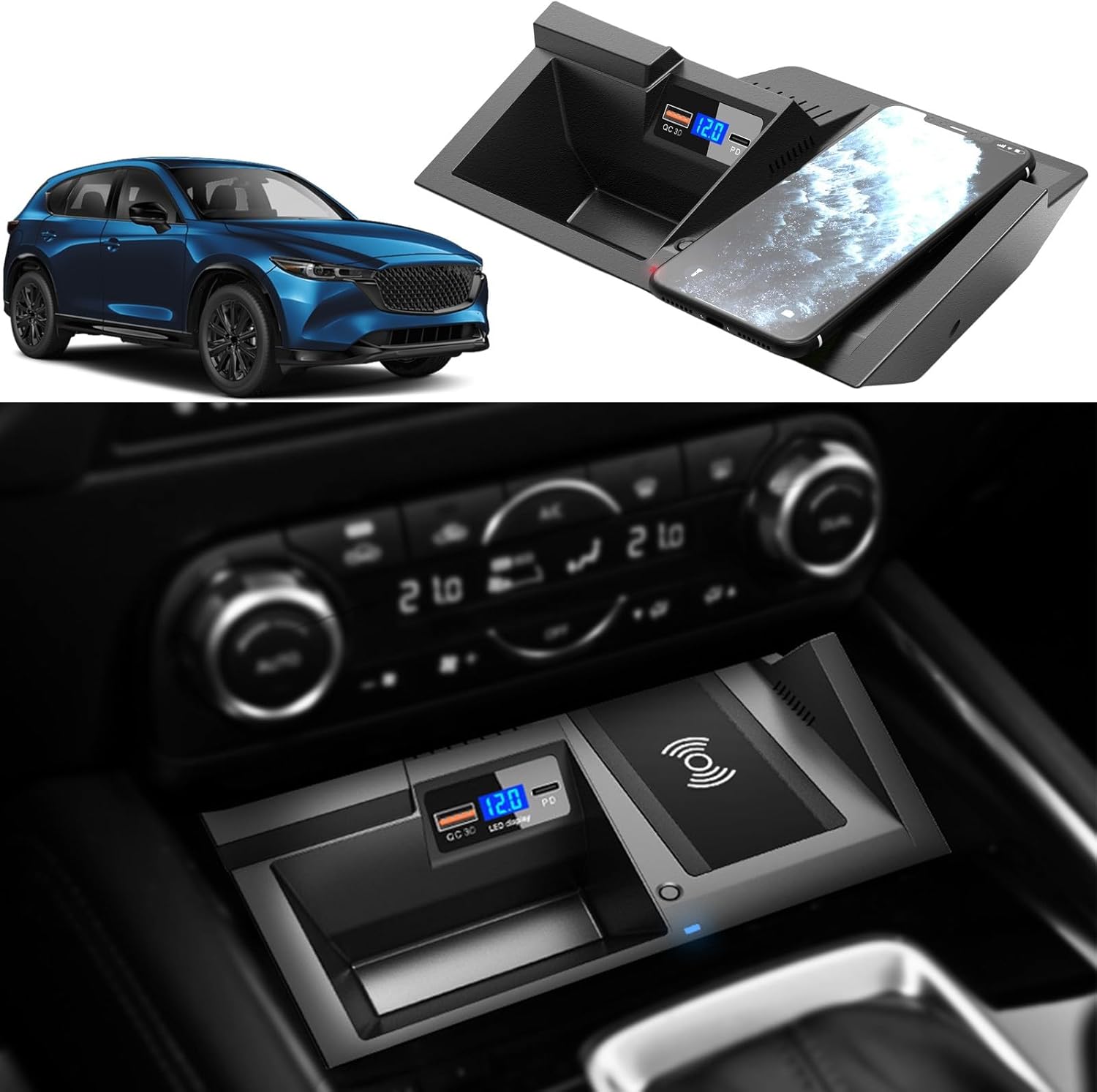 Wireless Car Charger for Mazda CX5 2025 2024 2023 2022 2021 2020 2019 2018 2017 Accessories, OEM Style 15W Qi Phone Fast Charging Pad for Mazda CX-5 Automotive Center Console Organizer