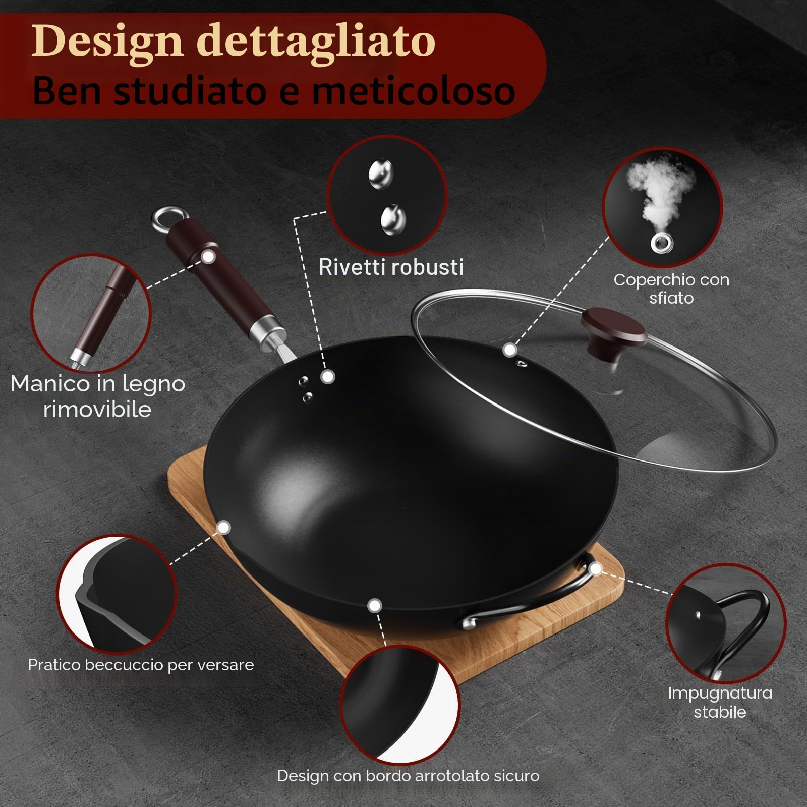 Jobin 32 cm/12,6'' Wok Antiaderente in Acciaio al Carbonio con Coperchio, Manici in Legno e Acciaio Può Cucinare Piatti Asiatici per 3-5 Persone - Fondo Piatto
