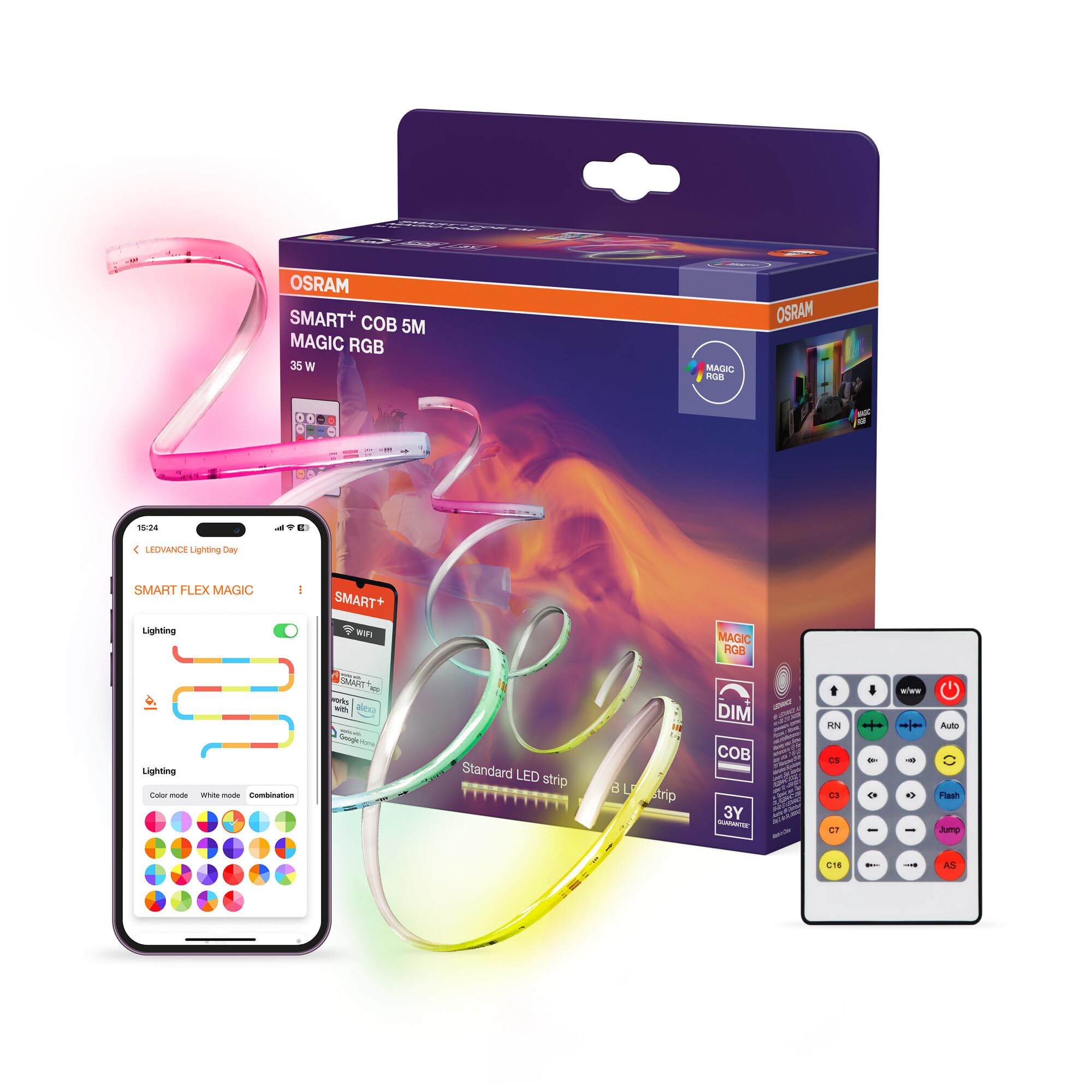 Osram SMART WIFI COB, 5M, Magic RGB, flexibler LED-Lichtstreifen, Steuerung via WLAN, COB-Technologie für gleichmäßige, intensive Lichtausgabe, mit Fernbedienung, 35W, IP20, LED nicht austauschbar