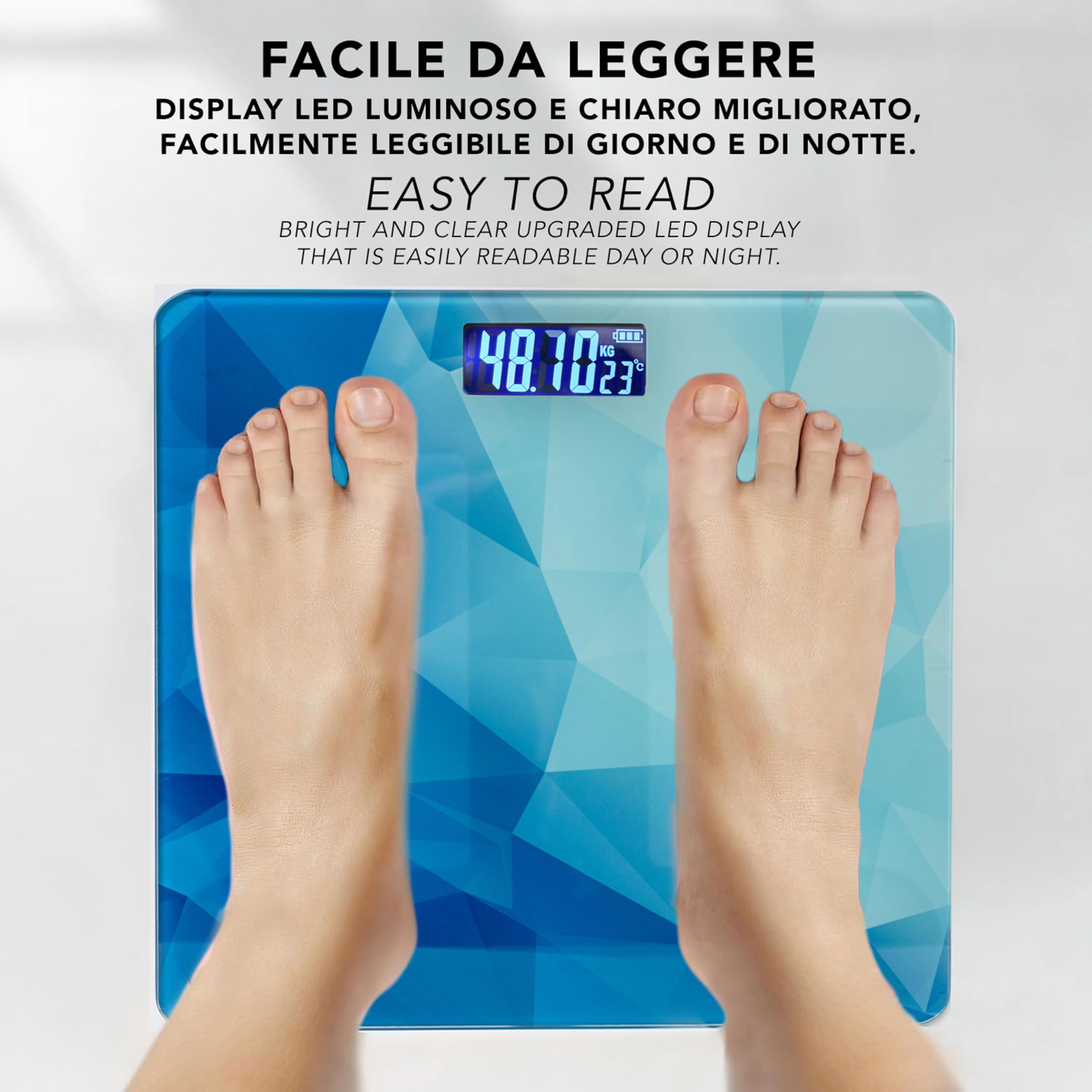 IPEA Bilancia Pesapersone Digitale Ultra Sottile - Tecnologia STEP ON - Massima Precisione Peso - Design Elegante - Bilancia in Vetro Temperato con Display misurazione precisa 0,1 KG - Max 180Kg