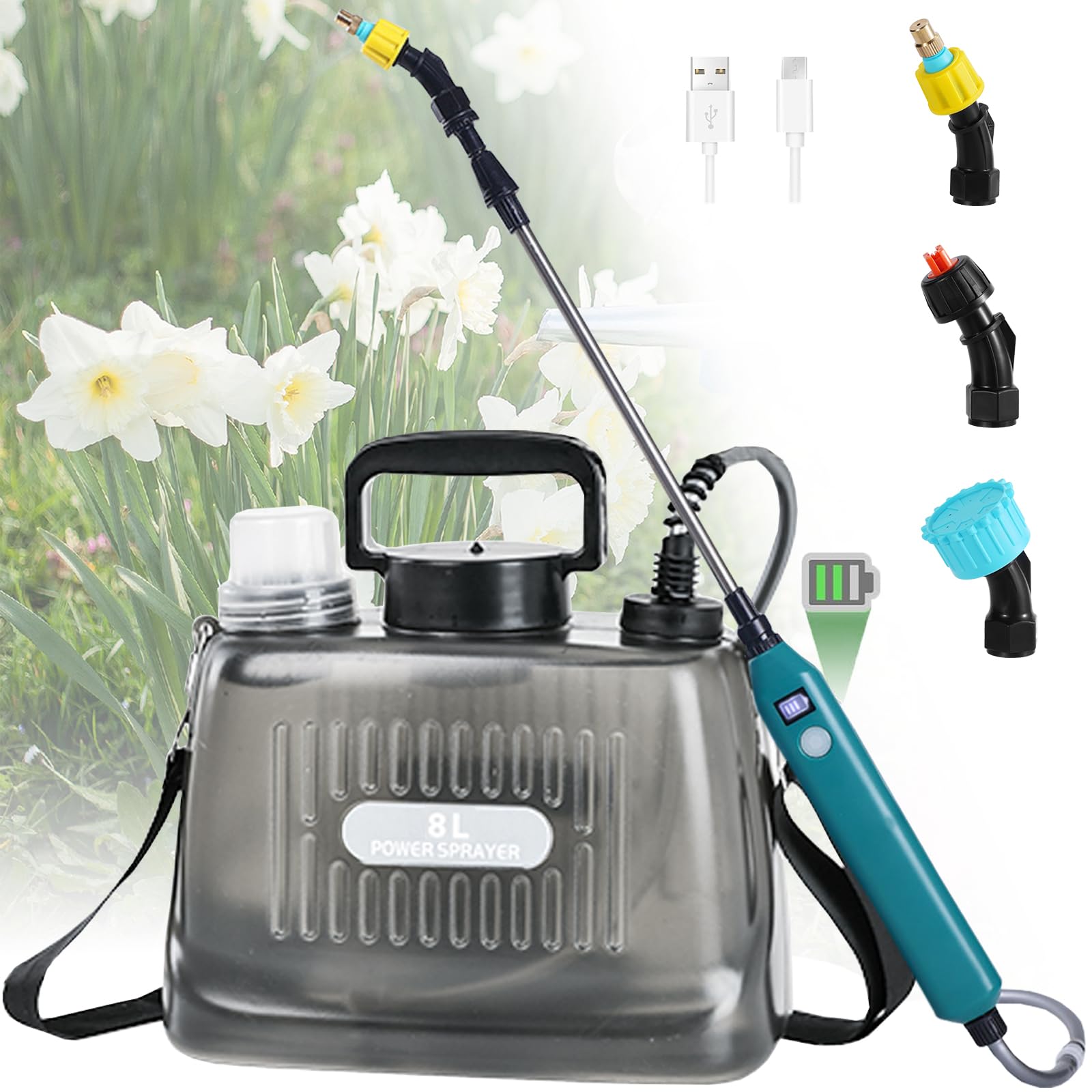 Spruzzatore Elettrico A Batteria 7,4V Con Asta Telescopica E Tubo 5m – Ricaricabile USB, 3 Ugelli, Per Giardino E Pulizie - 2