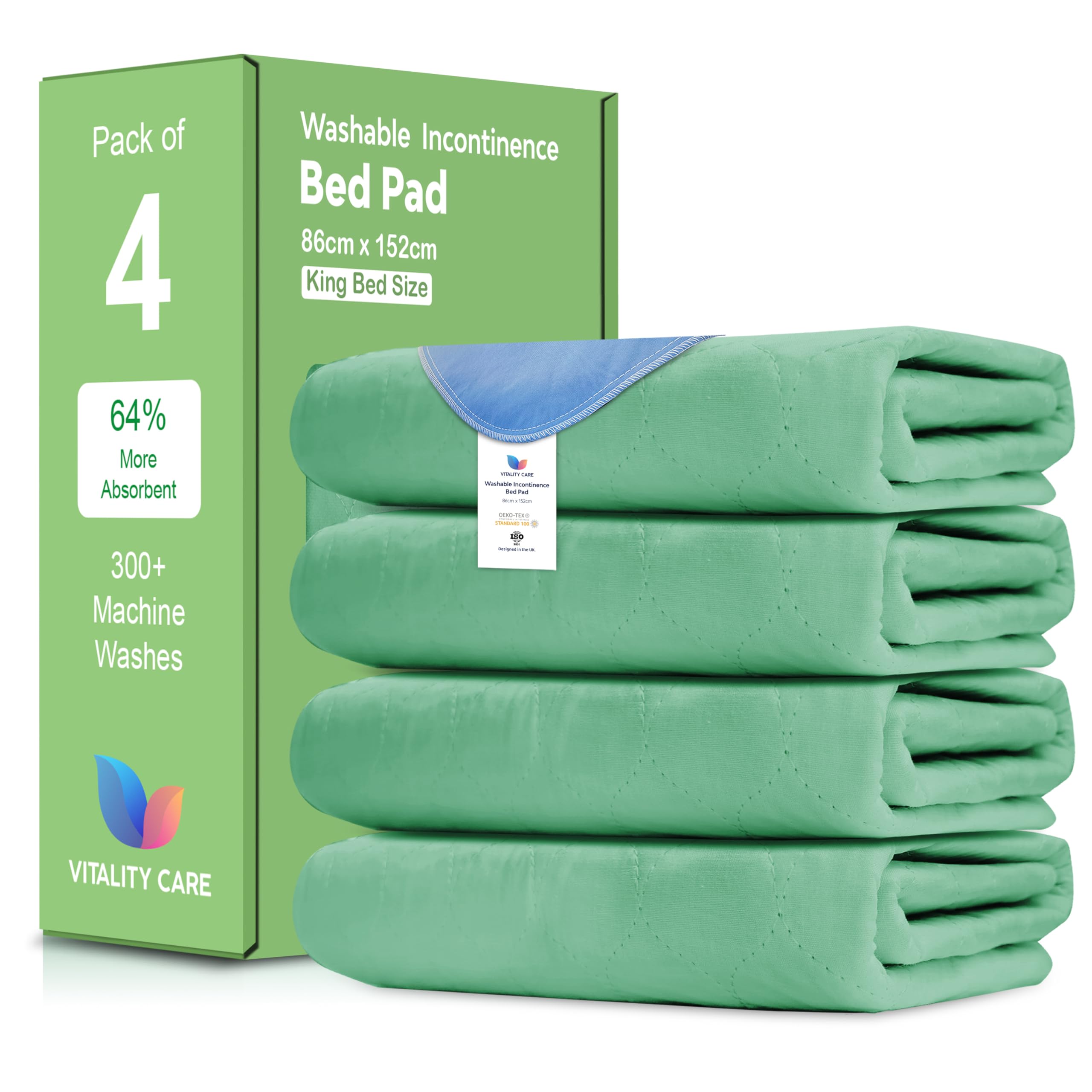 Vitality Care (86X152cm (Pack Of 4)) Waterproof Mattress Protector King Size 86X152cm, Washable Incontinence Bed Pad For Adults,