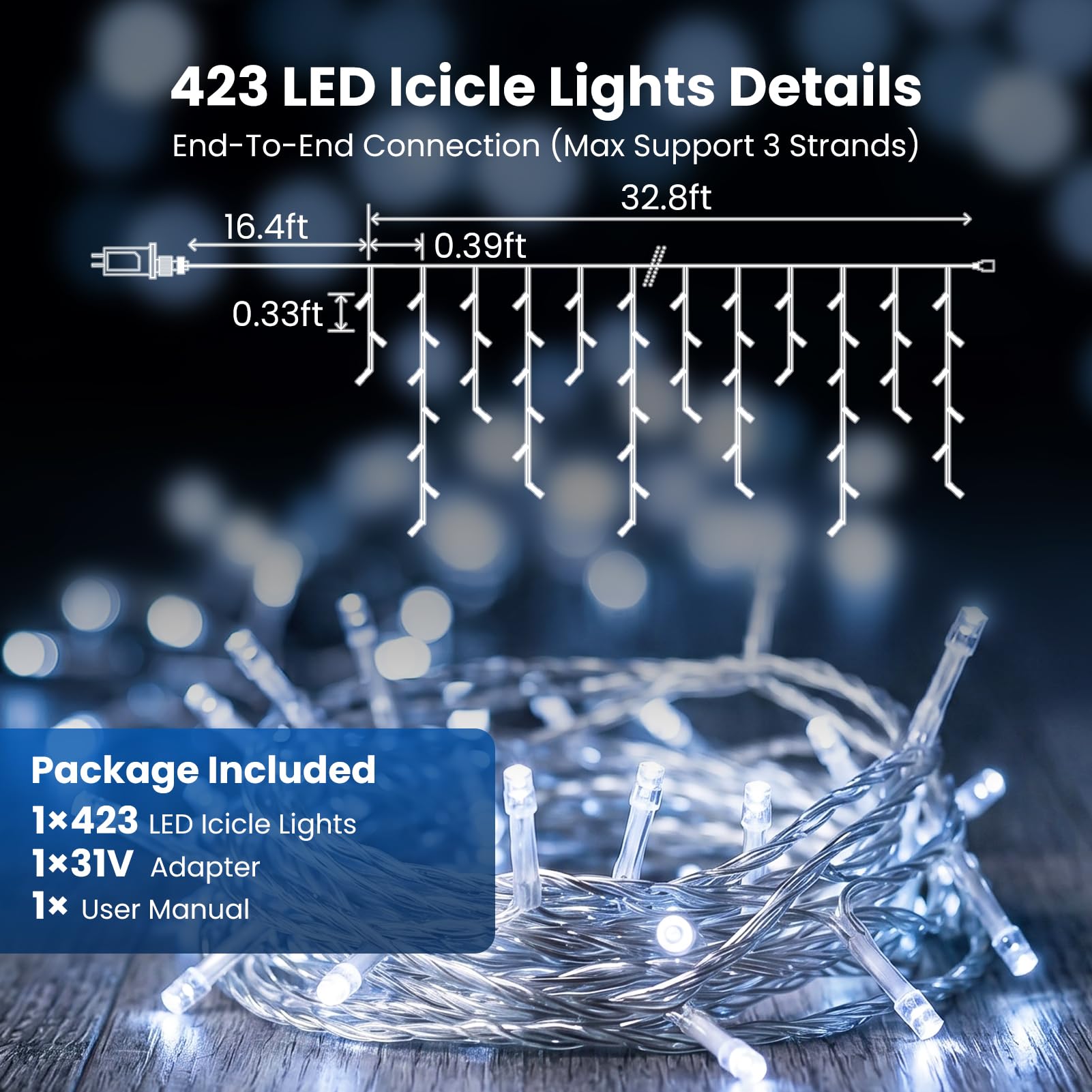 PEMOTech – Guirlande lumineuse de Noël en forme de stalactite pour l'extérieur, 423 LED, 10 m/33 pi, lumières de fée blanc froid, IP65 étanche et résistante à la poussière, 8 modes et télécommande
