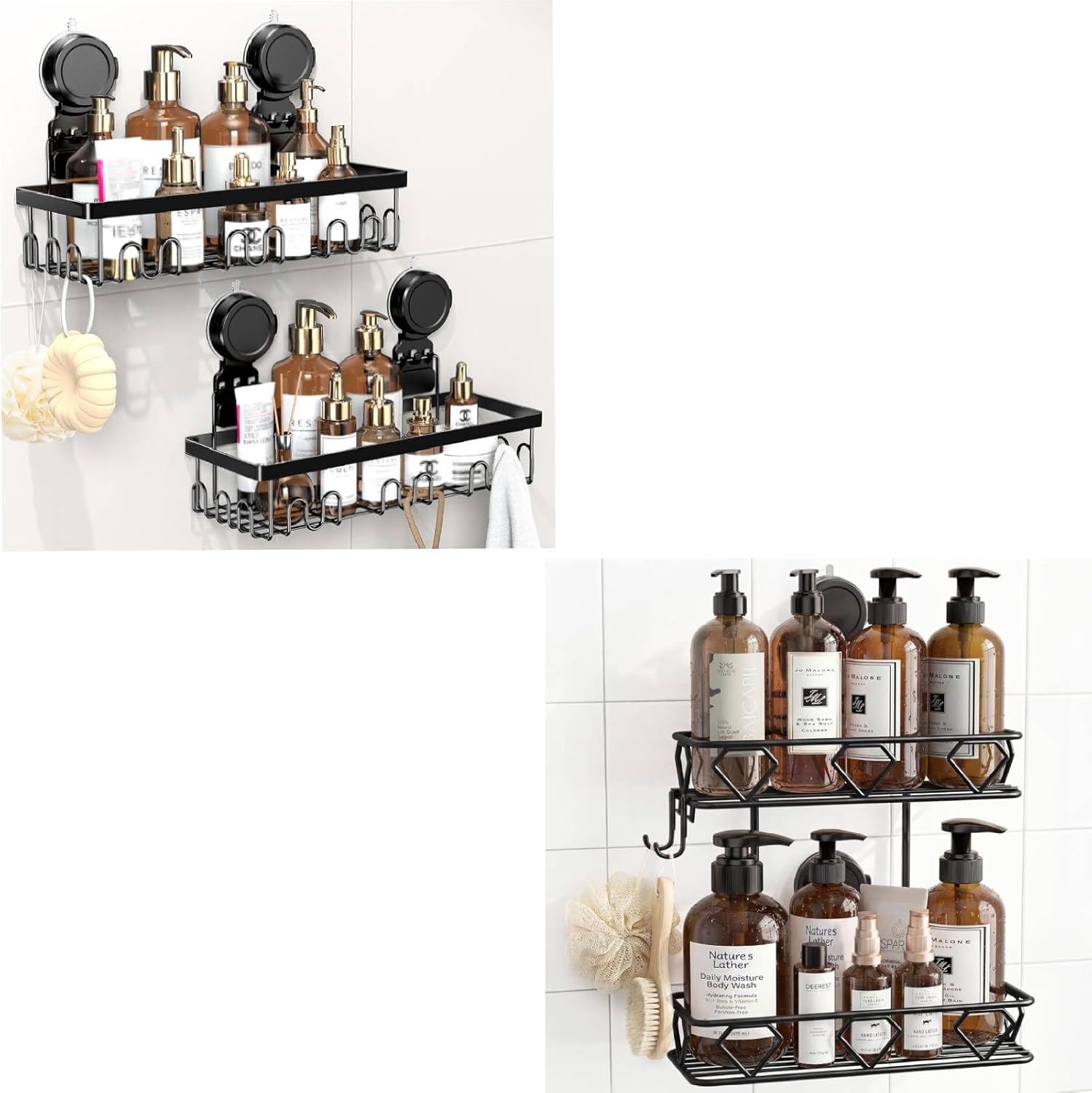 JOTPE Bundle Shower Caddy Suction Cup 2 Pack & No Drilling Shower Shelves Hold Up to 40 lbs