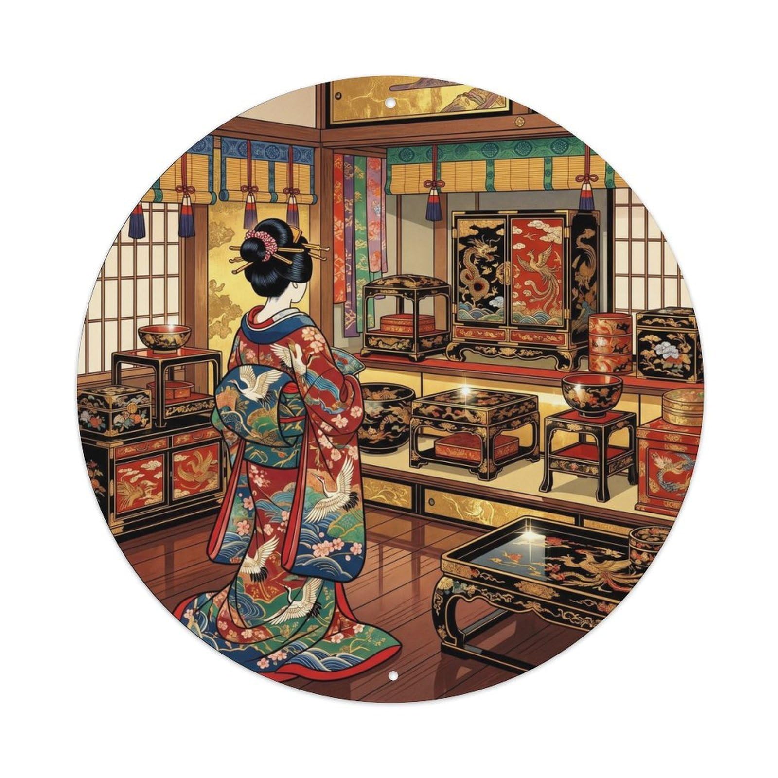Galvaxio Style Japanese Kimono Woman Viewing Lacquerware Luster Metal Tin Sign