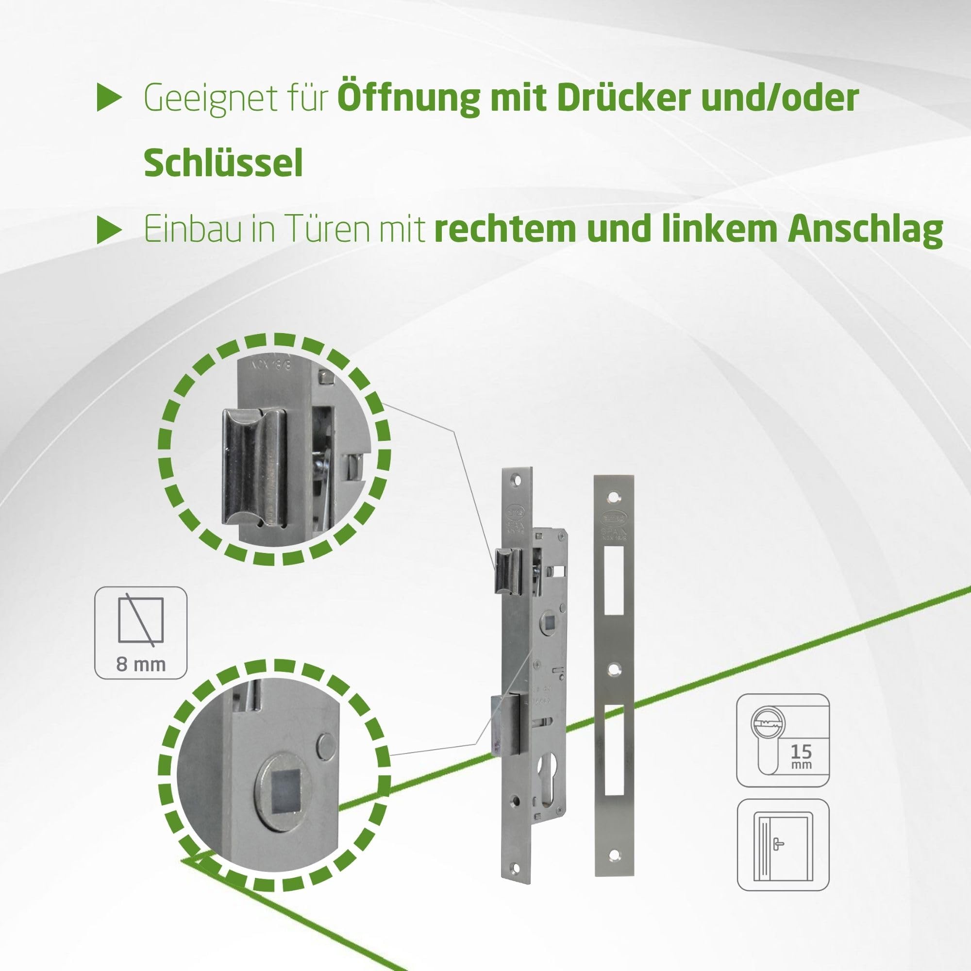 Amig Einsteckschloss für Holzbearbeitung aus Metall - 27 mm - für Zylinder mit Nockenprofil von 15 mm - Wendbarer Türgriff - Edelstahl - Zylinder und Schlüssel nicht enthalten