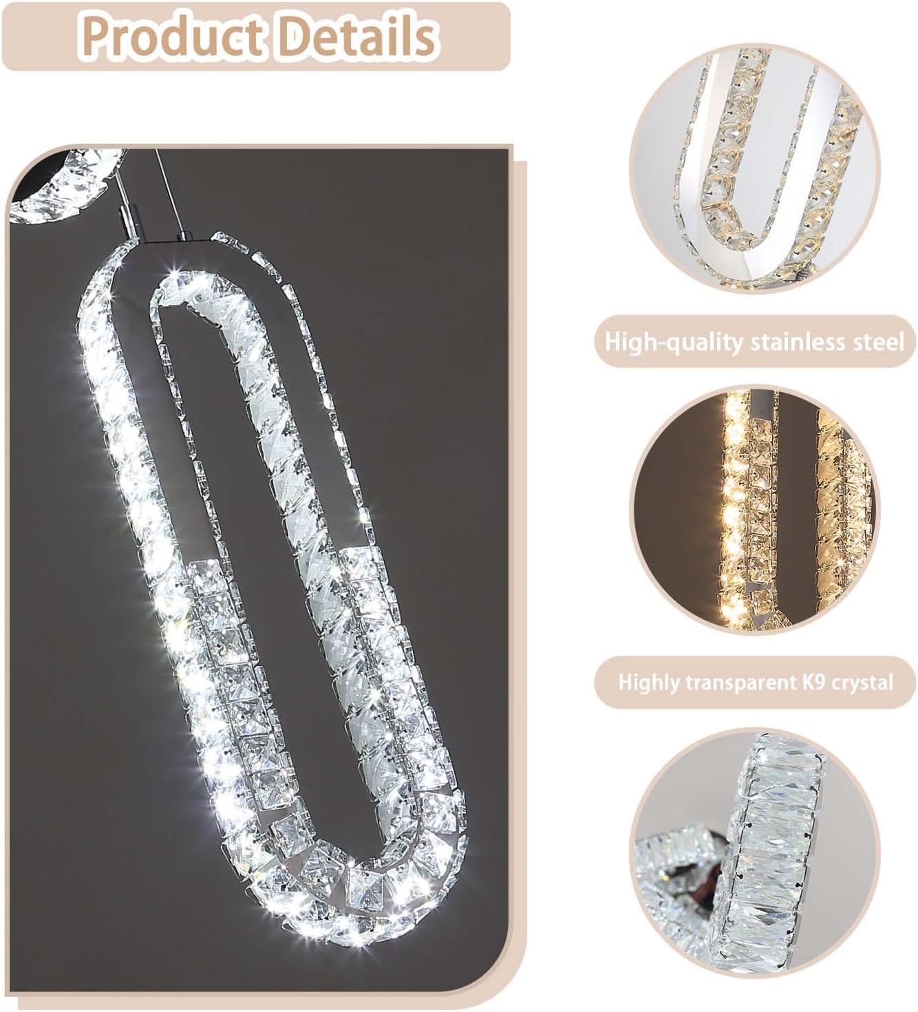 Modern Crystal Chandelier Adjustable 8 Rings Chandelier for Foyer Stairwell Crystal High Ceiling Pendant Light Dimmable 2700K-6000K Silver