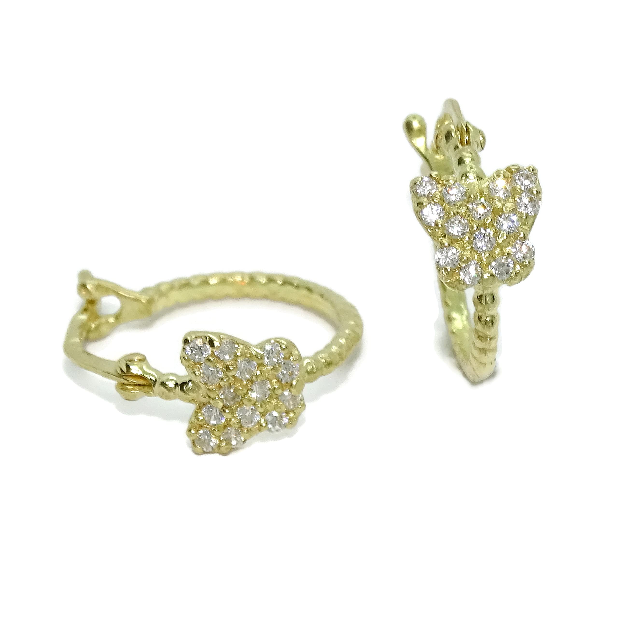 Bellissimi e originali orecchini a cerchio per bambina in oro 18k con farfalla e zirconi. Facile chiusura a scatto. Comunione ideale.