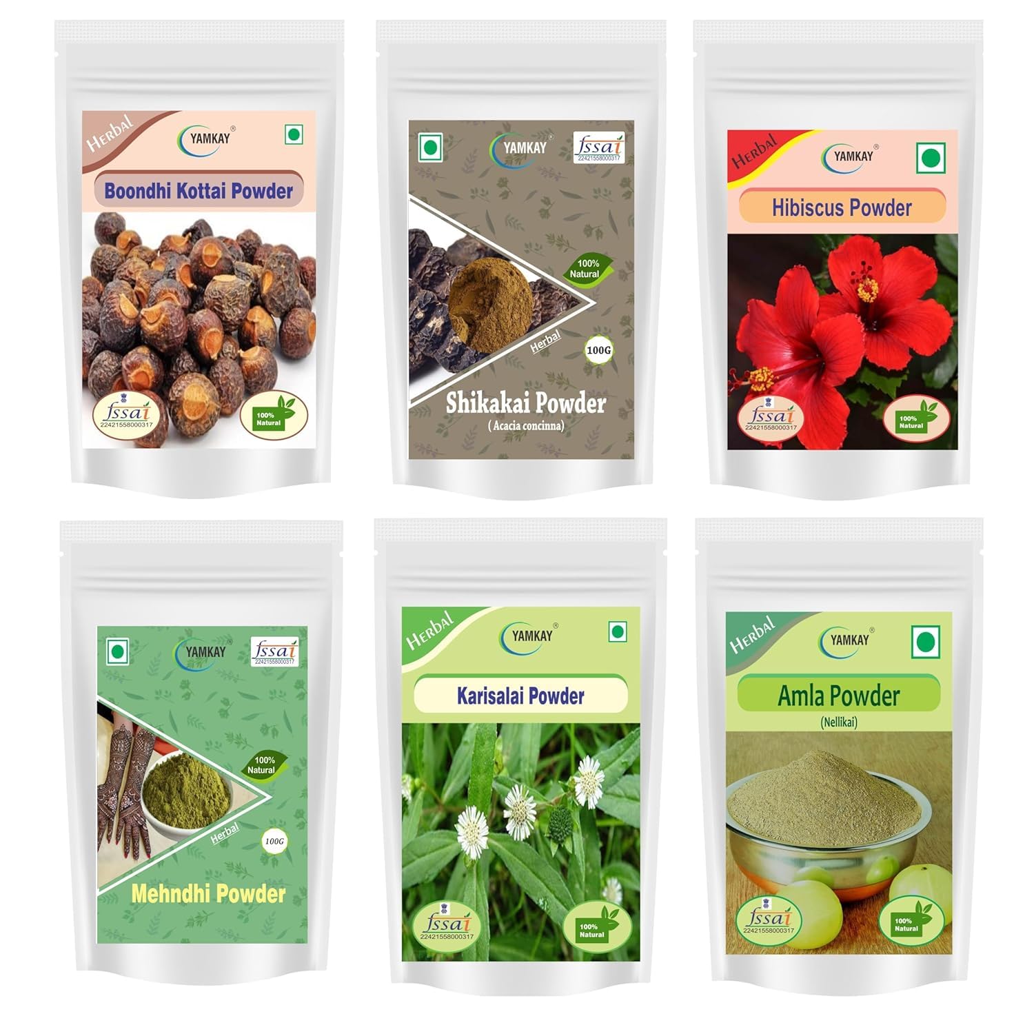 Reetha Amla Shikakai Bhringraj Hibiscus Mehandi Powder for Hairs Pack of 6 Each 100 gm Combo Pack
