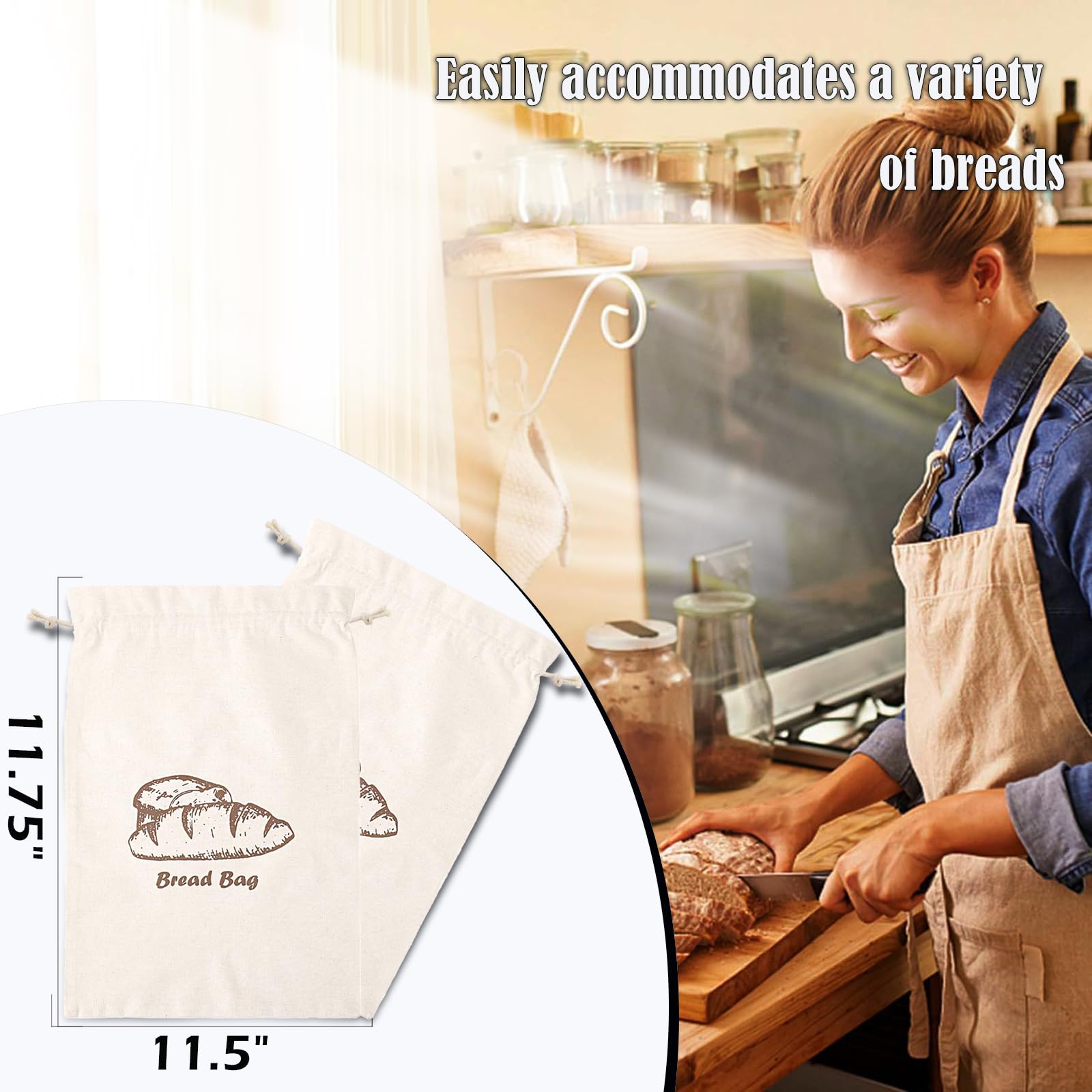 Brotbeutel mit Innenfutter, 2 Stück, wiederverwendbare Leinen-Brotaufbewahrungstaschen, 29,8 x 29,2 cm, hausgemachter Brötchenbehälter, doppelter Kordelzug-Verschluss für Obst und Baguette