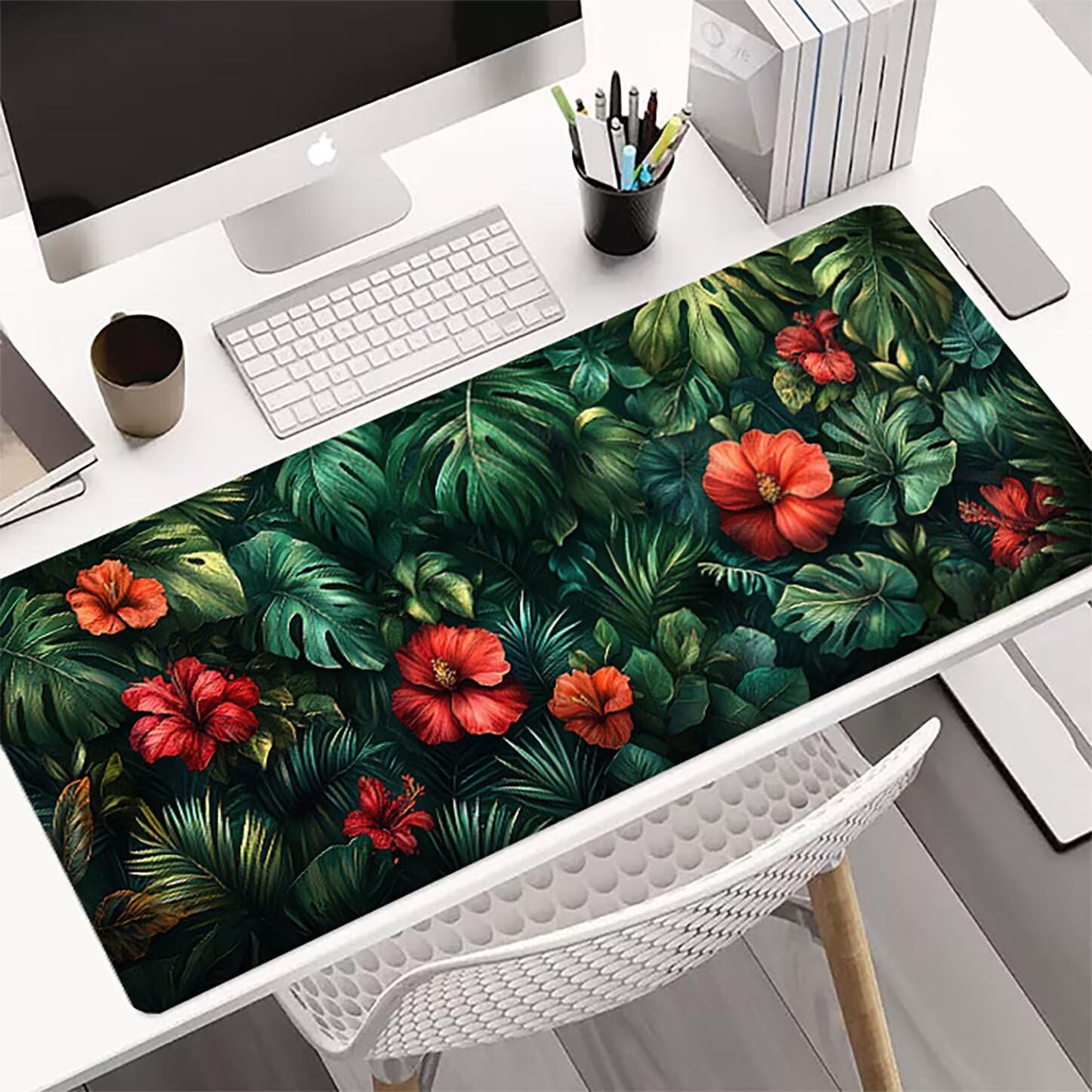 Lpfieonn Anlage Großes Schreibtischunterlage, XXL Schreibtischunterlagen, Blume XXL Wasserdicht Gaming Mousepad mit Vernähter Rand und Rutschfeste Gummibasis, für Laptop/Hause/Büro 120x60cm PF-2165