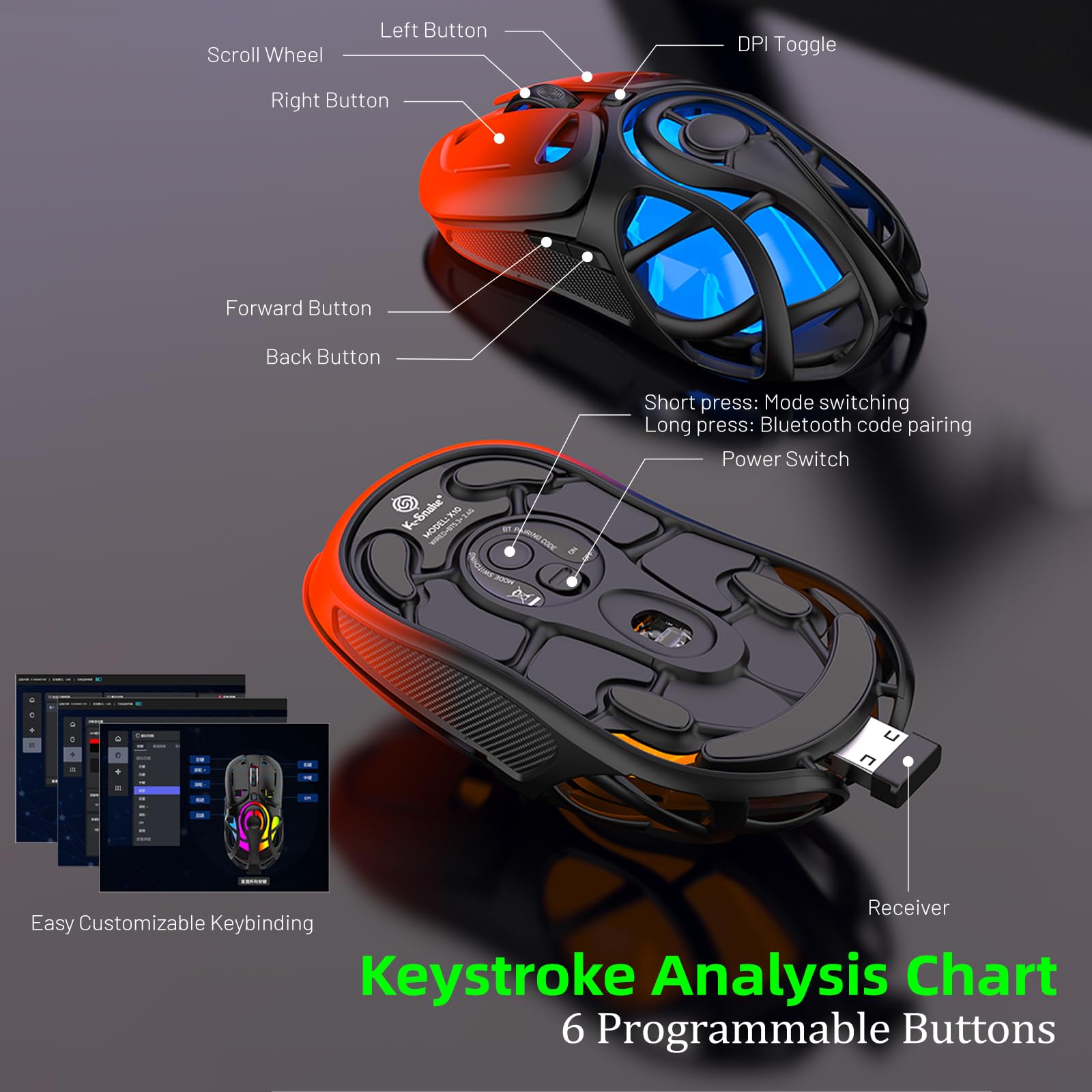 Mouse da gioco wireless fino a 10K DPI, mouse wireless Tri-Mode 2.4G/BT5.0/USB-C, 7 pulsanti programmabili, retroilluminazione RGB, mouse ergonomico ricaricabile per PC, Mac/laptop (arancione sfumato)