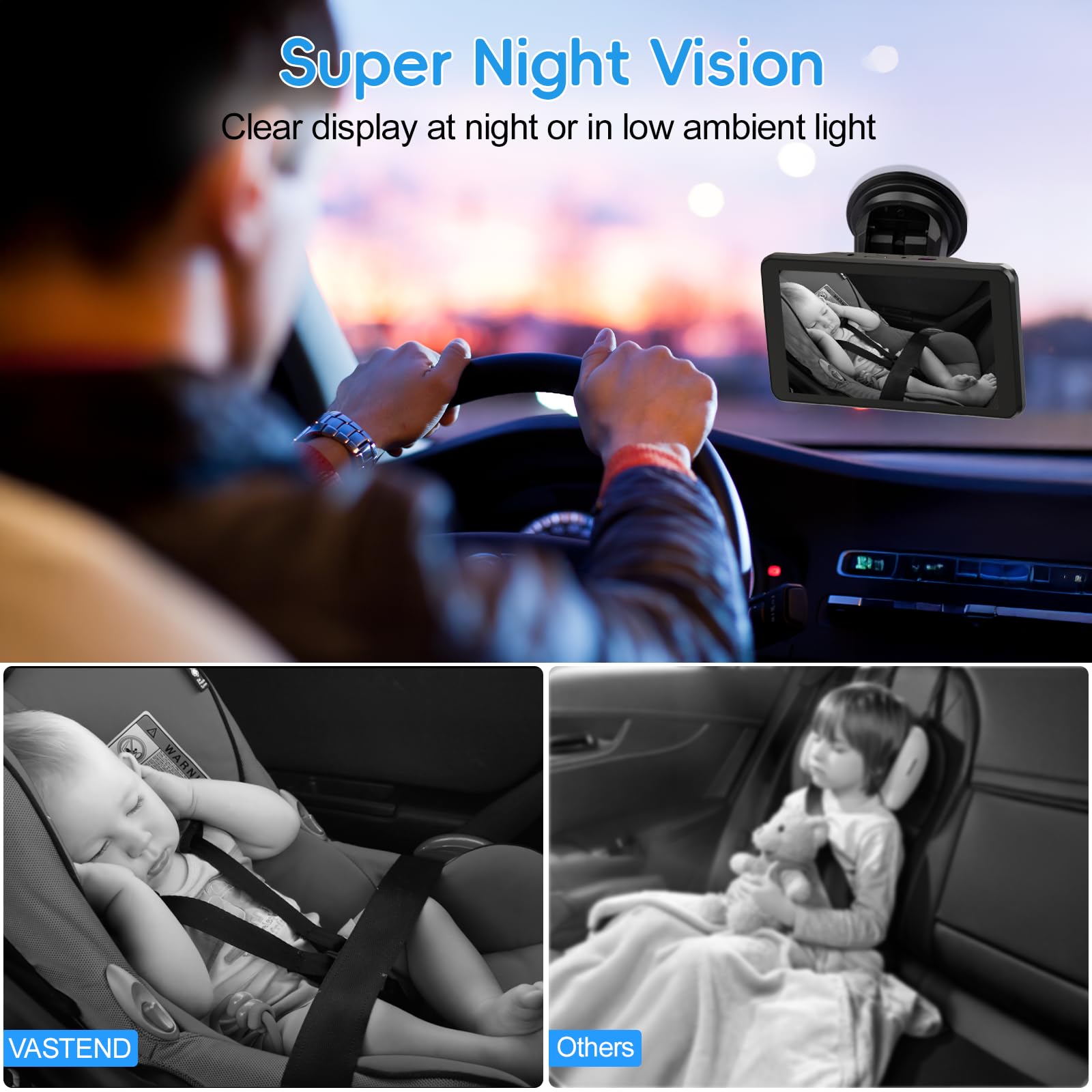 Caméra de Voiture pour Bébé, 5" 1080P Bébé Voiture Retroviseur Moniteur avec Vision Nocturne, 170° Large Vision, Installation Facile, pour Les Fants, Les Enfants(Supporte 1 Caméra)