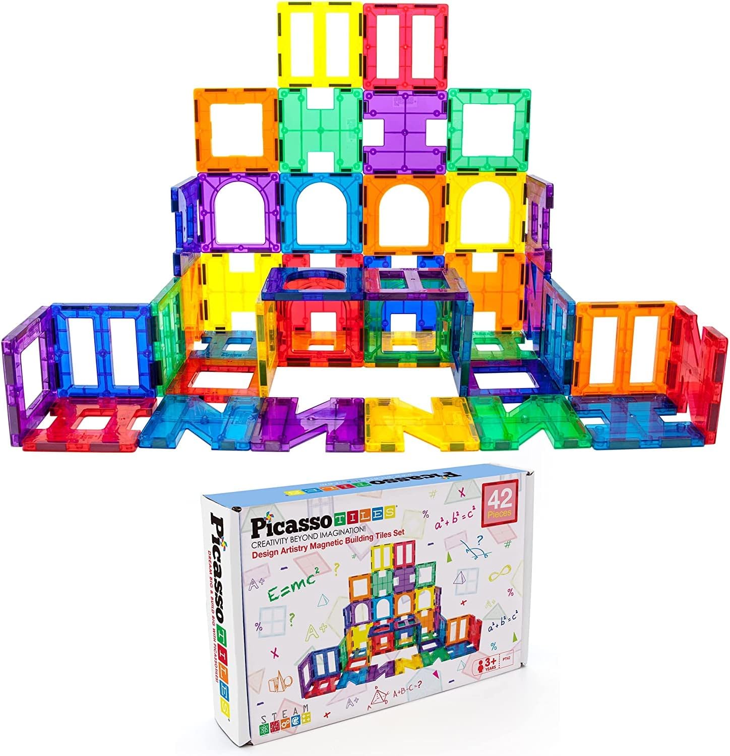 PicassoTiles 200 pcs Large Building Blocks + 42 Piece Magnetic Tiles + Character Figure Set, 5 Colors 4 Unique Shapes Mix & Match Toys, Magnet Tiles STEM Construction Toy, 4 Family Action Figures