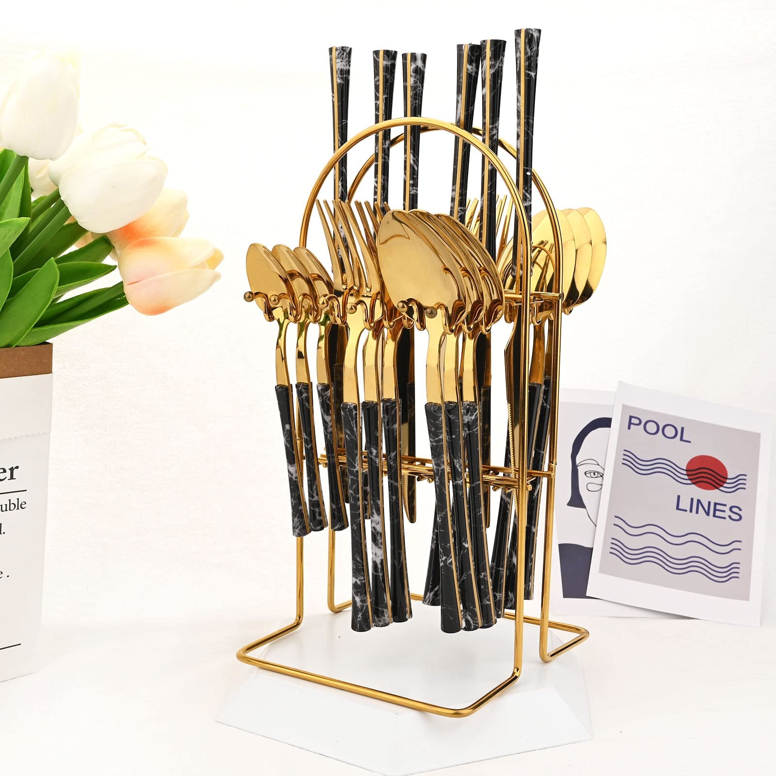 Besteck-Set mit Kunstkeramikgriff, Edelstahl-Küchenbesteck-Set mit Organizer, 24-teiliges Besteck (Color : 24Pcs Black Gold-Box) (24pcs Black Silv)