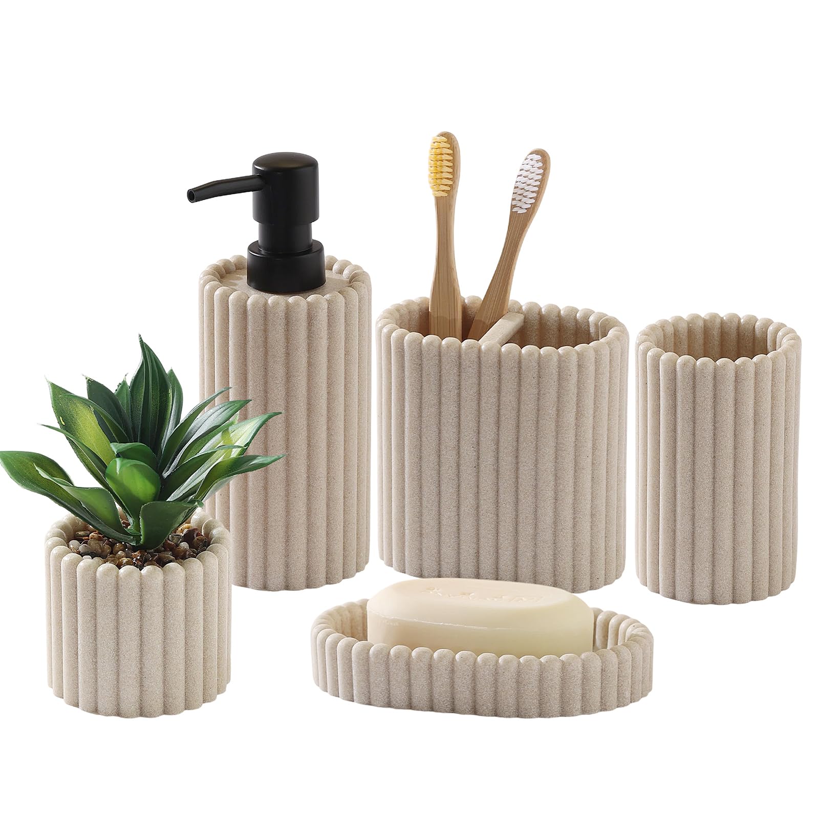 Badezimmer-Zubehör-Set, Sandstein-Optik, beige, dicke Streifen, 5-teilig | Modern, minimalistisch, inklusive Seifenspender, Zahnbürstenhalter, Becher, Seifenhalter, künstliche Topfpflanze, 383 ml