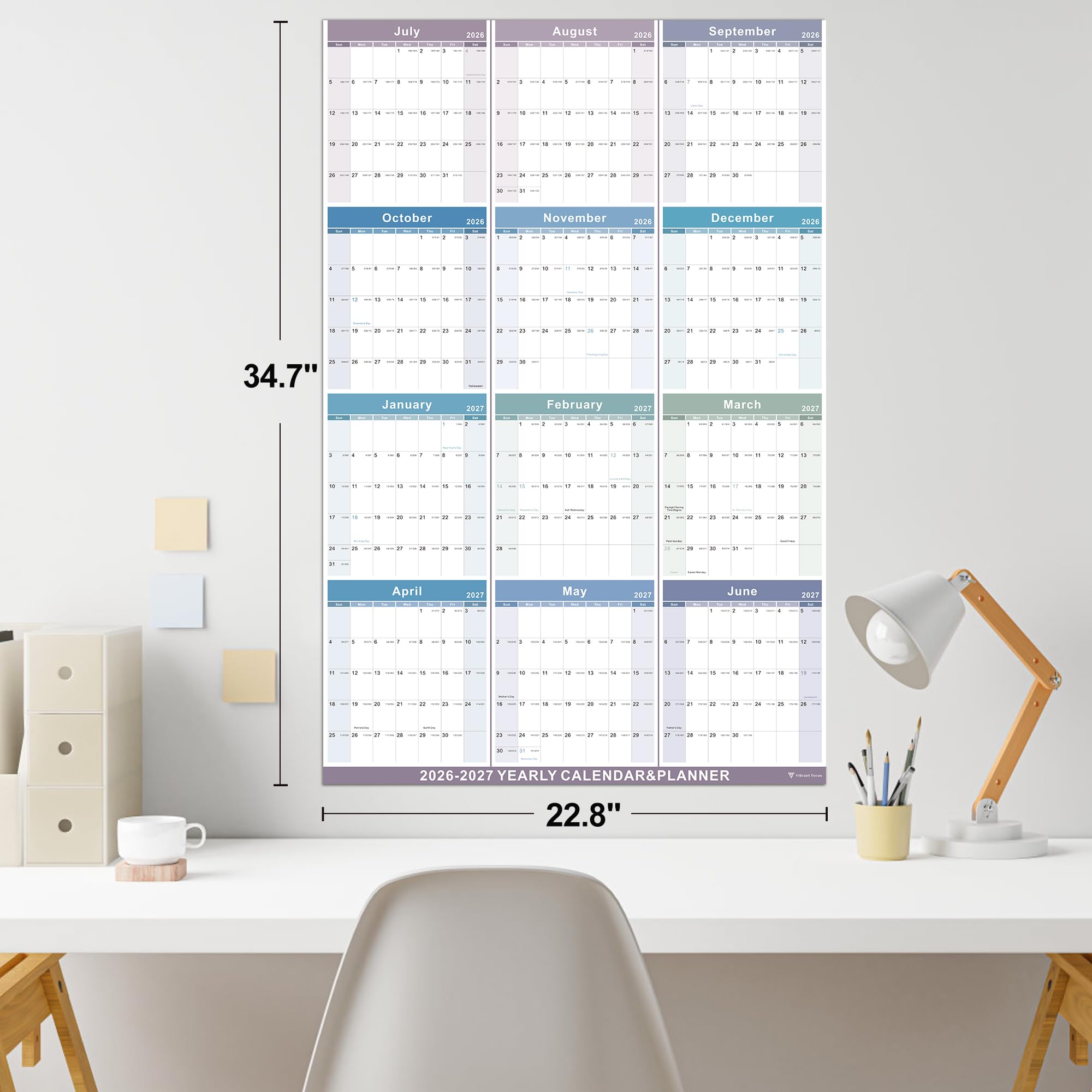 Vibrant Focus Jahres-Wandkalender, Jahreskalender 2026–2027, Jahresplaner mit dickem Papier, Juli 2026–Juni 2027, XL, 88,1 x 57,9 cm, Jahresplaner 2026–2027 (Jahreskalender – Farbeblau)