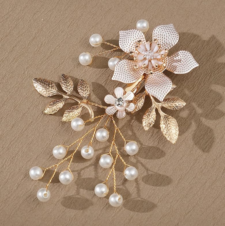 Gold Bridal Flower Hair clip Pearl Leaves Barrette Wedding Hair Accessory for Women Brides Bridesmaids - Image 3