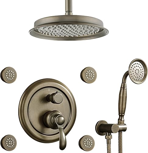 Miniatura 26 de Sistema de ducha antiguo de oro cepillado con chorros: Juegos de grifos de lluvia de 9 pulgadas Conjunto completo de cabezal de lluvia de pared