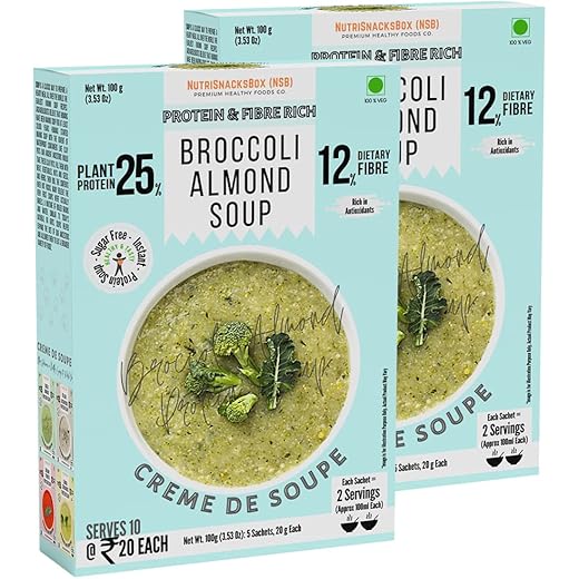NutriSnacksBox Instant Broccoli Almond Soup, Instant Premix Mix Powder | Ready To Cook Healthy Snacks | No Artificial Flavour & Colour, No Preservatives | Healthy Soup with High Protein And Fiber (100g, Pack of 2)