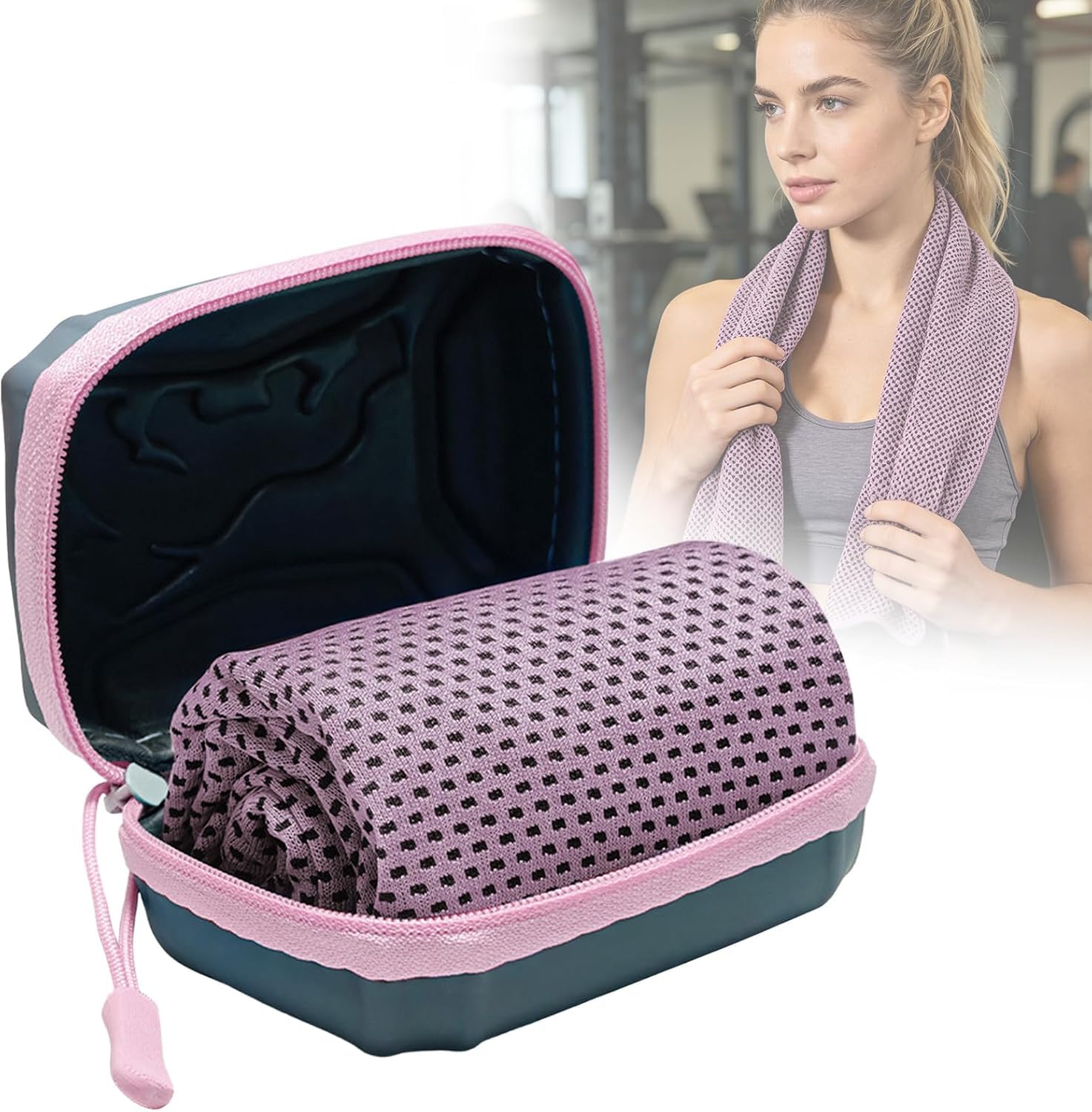 Cooling Towel with EVA Hard Case,Cooling Towels for Men Women,Instant Ice Towel for Neck Face,Soft Breathable Gym Towel,Fast Drying Cooling Scarf for Workout,Camping,Travel,Hiking & Sports (Pink)