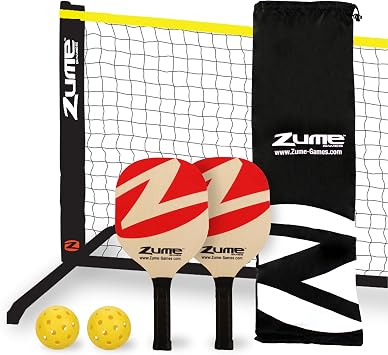 Zume Games Pickleball Set Complete Portable Pickleball Kit with 12 Net, 2 Wooden Paddles, 2 Balls & Carry Case Beginner-Friendly Outdoor Game for Driveways, Parks, Tailgates & Backyard Fun