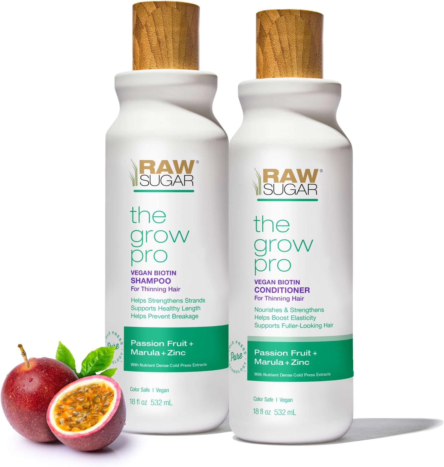 Raw Sugar Grow Pro Hair Care Bundle- Shampoo & Conditioner with Vegan Biotin for Anti-Thinning & Pro-Lengthening, Passion Fruit & Marula for Fuller Hair, Formulated without Sulfates + Parabens