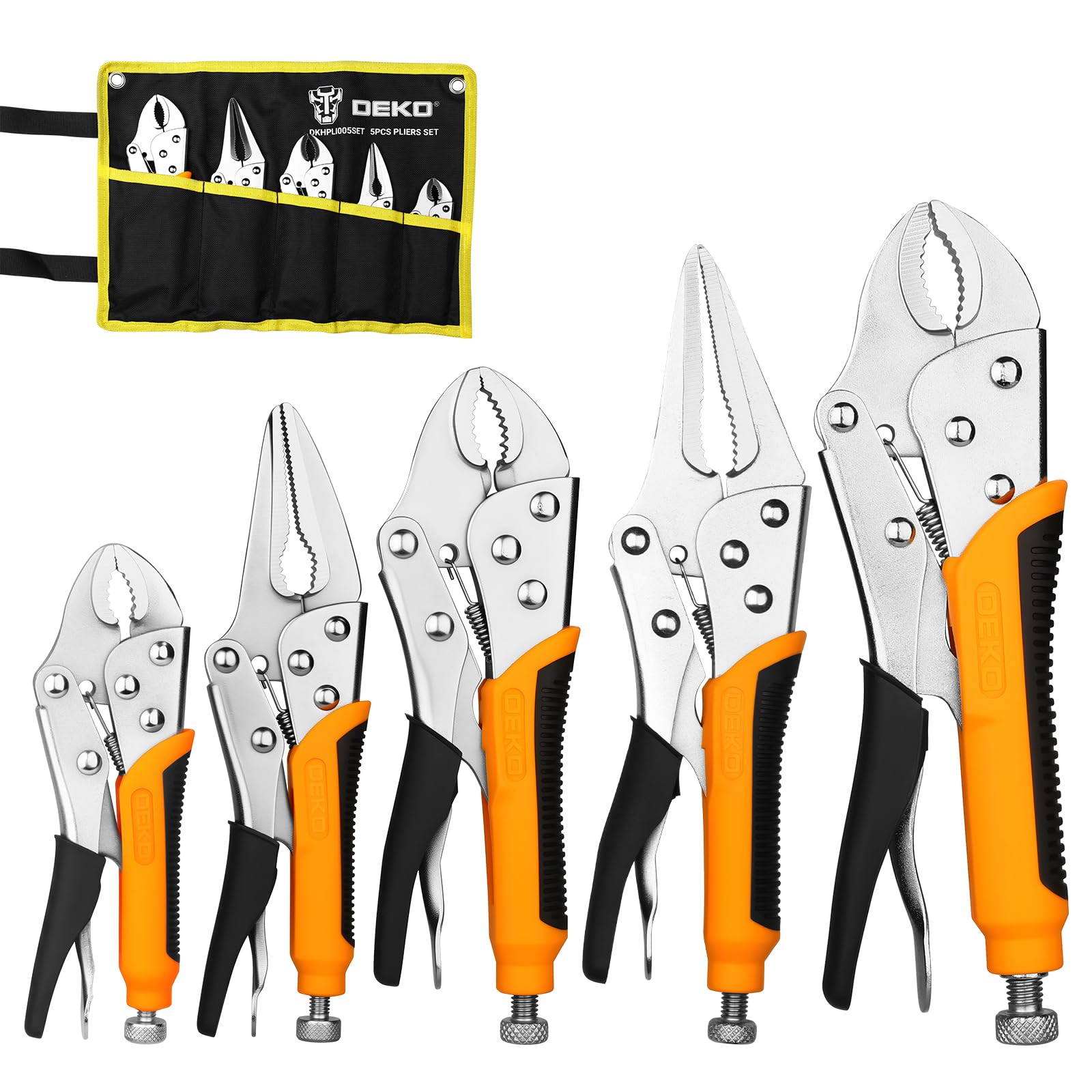 DEKOPRO Set di 5 pinze di bloccaggio, set di pinze con pinze Cr-V, pinza a becco curvo da 12,7 cm/17,8 cm/25,4 cm, pinza a becco lungo 16,5 cm/24,1 cm