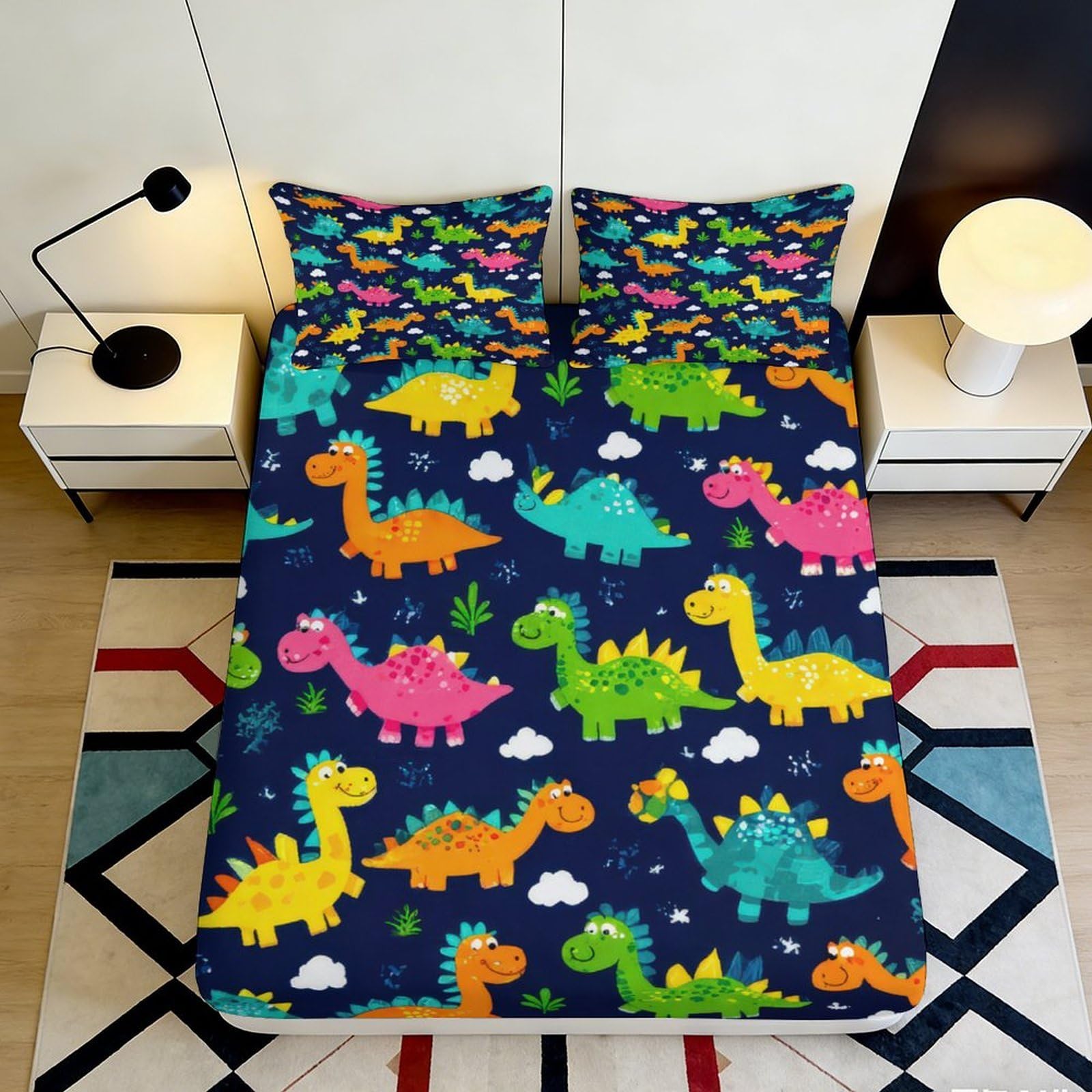 3D Printed Dinosaur Cartoon Fitted Sheet Microfiber Anti-Slip Bed Cover Gift for Bedroom Dorm Mattress Decor 160x200x25cm