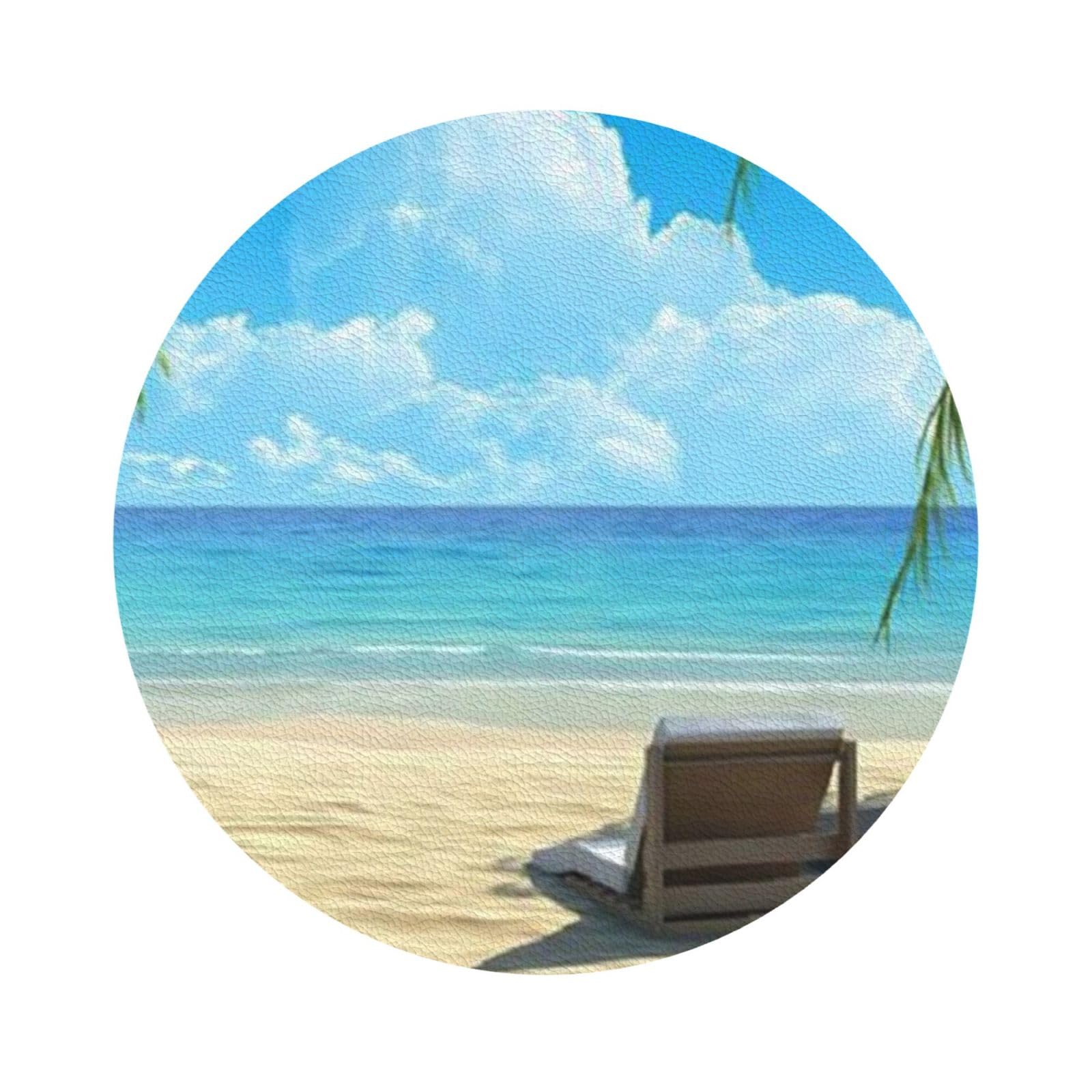 Hawaiian Beach with Palm Trees PU Leather Coasters Set of 6 Round Drink Coasters