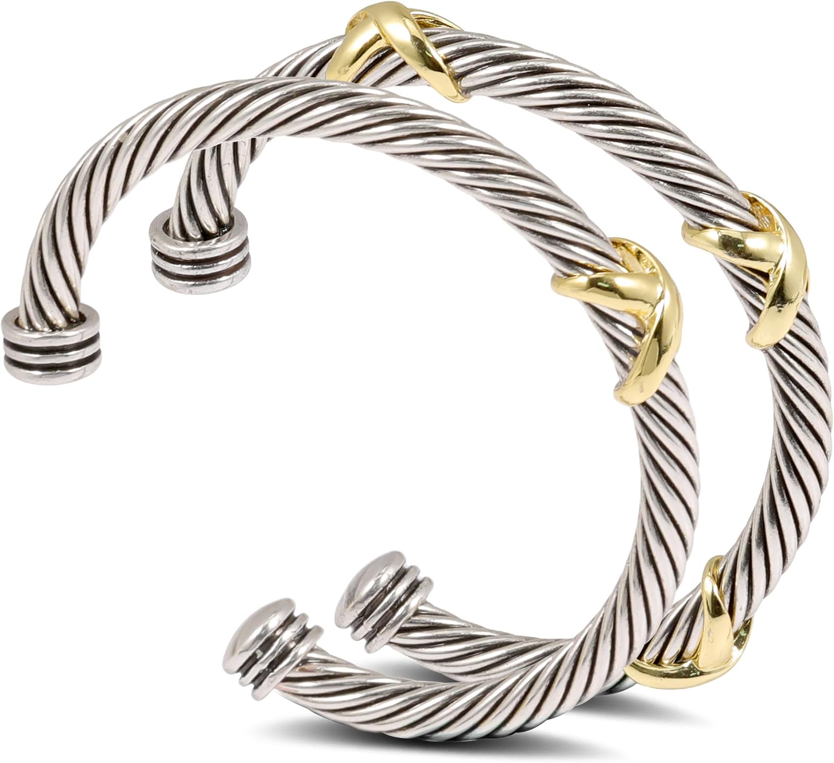 NANDUDU 2 Pcs Cuff Bracelet for Women Cable Wire Bracelet - Two Tone Twisted Bangle Bracelet - Silver Cuff Vintage Bracelets Jewelry, Adjustable, Silver plated, no gemstone