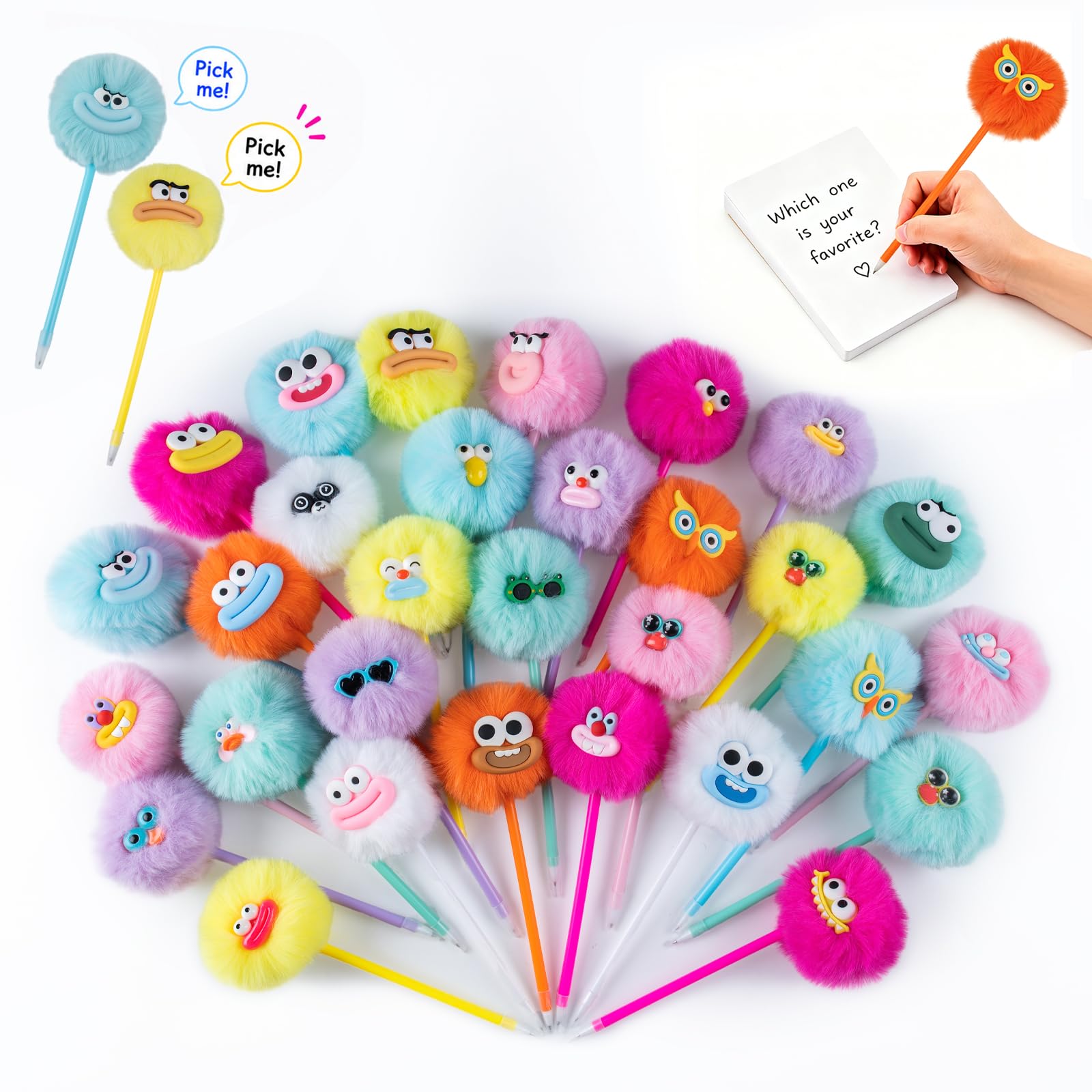OMyFav 30 bolígrafos esponjosos con pompones lindos y divertidos bolígrafos kawaii para niños, animales de peluche coloridos para premios de aula, suministros de oficina