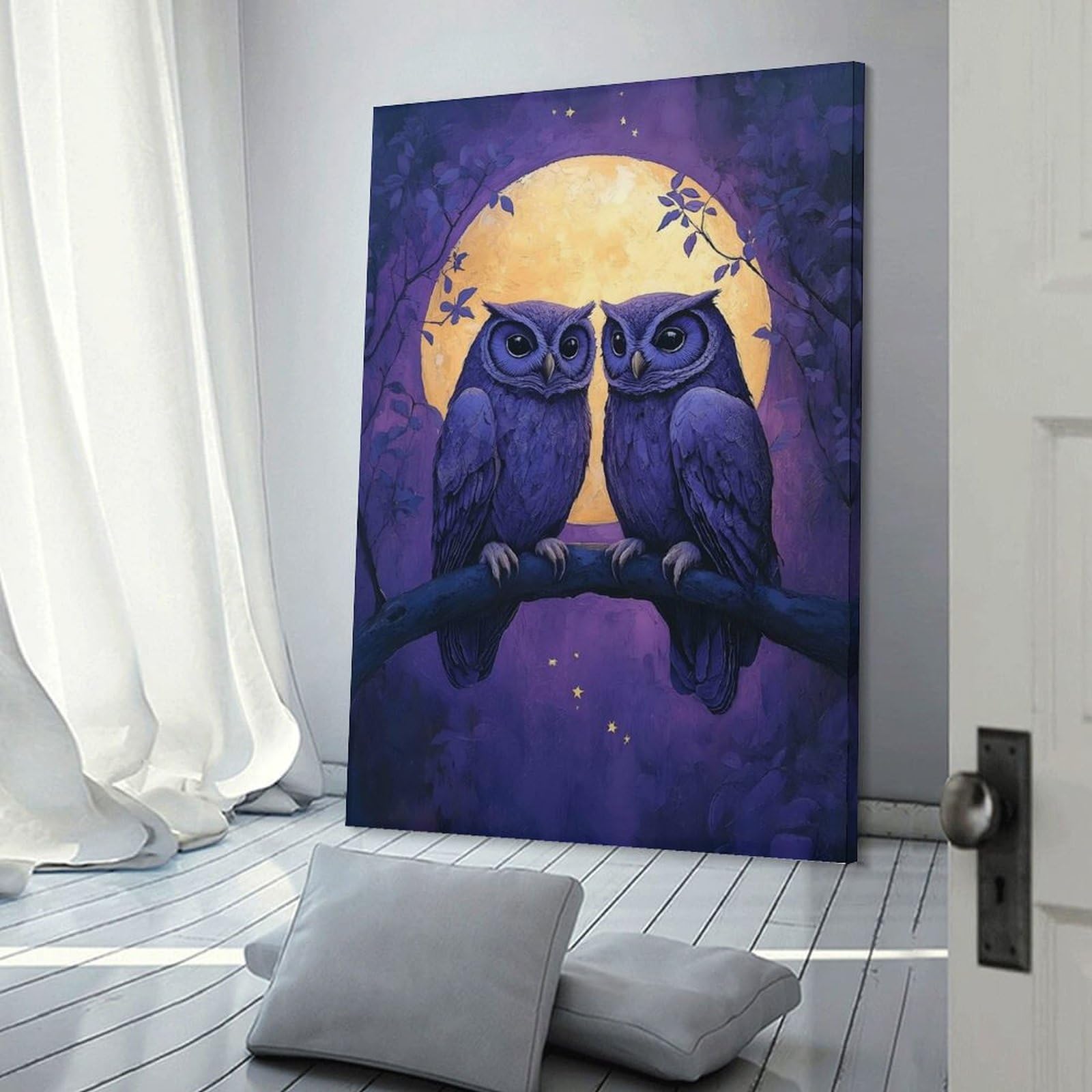Junmoney Two Owls Under The Moonlight Canvas Art Print 24x36inch(60x90cm), for Entrance Spaces, Stair Walls Or Halls, Wall Decor to Refresh Empty Corners