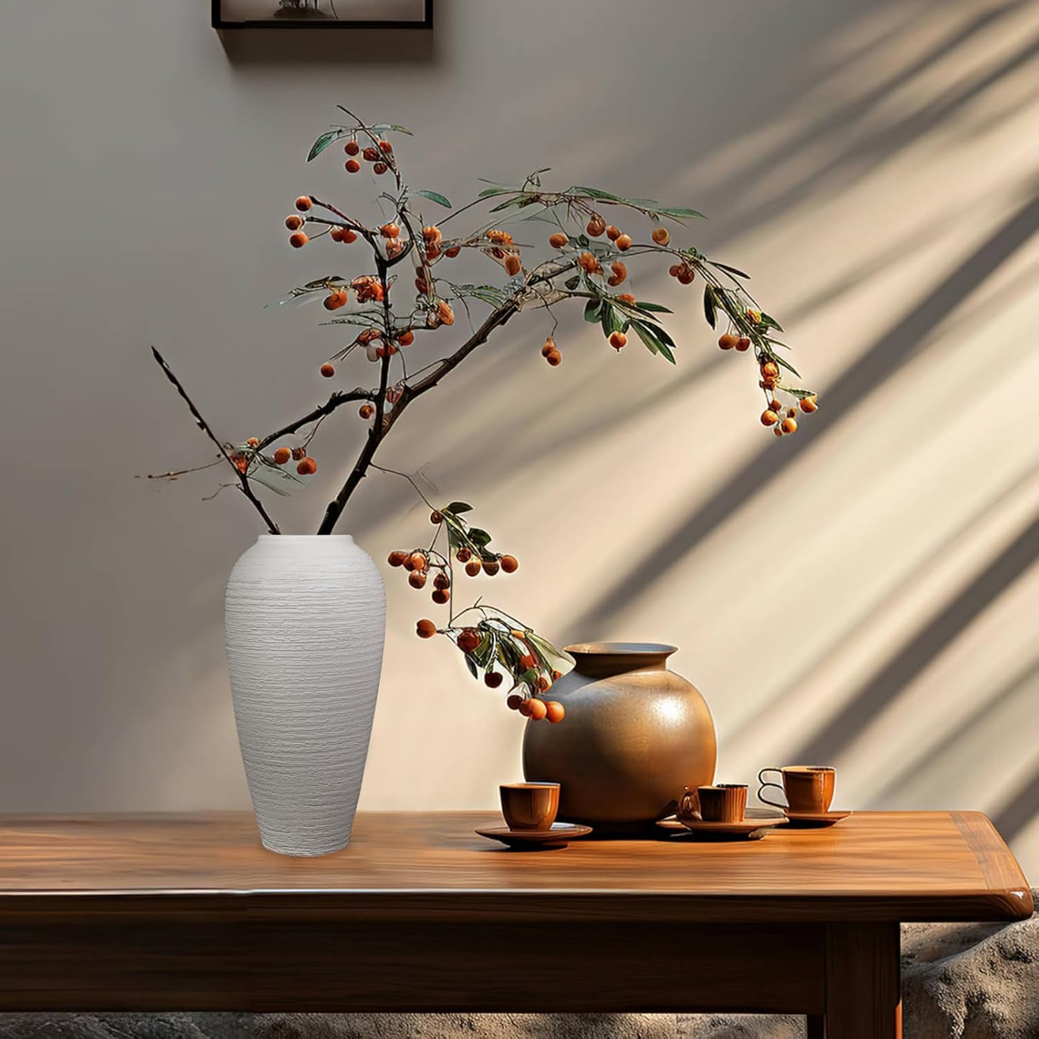 White Rustic Ceramic Farmhouse Large Vase,13.4 Inch Vintage Floor Tall Vase Terracotta Pottery Clay Rustic Vases for Home Decor Living Room Entryway Table Centerpieces,Housewarming Gifts