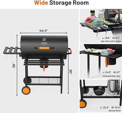Miniatura 2 de KEYO GRILL Parrilla de carbón de barril de 29 pulgadas, parrilla de barbacoa resistente con tenedor manual para carne, colector de cenizas
