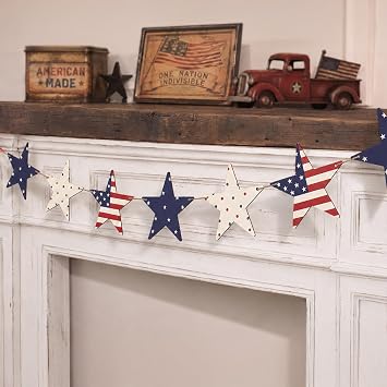 4th of July Garland Decorations, Rustic Red and Blue Fourth of July Stars Patriotic Garland, Vintage Farmhouse Independence Day Banner for Veterans Memorial Day Mantel Wall Home Indoor Decor