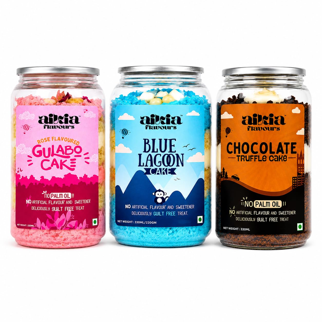 Aikia Flavours Rose Gulabo Cake, Blue Lagoon Cake, and Truffle Chocolate Cake | 3 x 330ML | Rich Decadent Flavor | Palm Oil & Trans Fat-Free | No Artificial Sweeteners | Ready-to-Eat | Long Shelf Life | Diet-Friendly Dessert-image-1