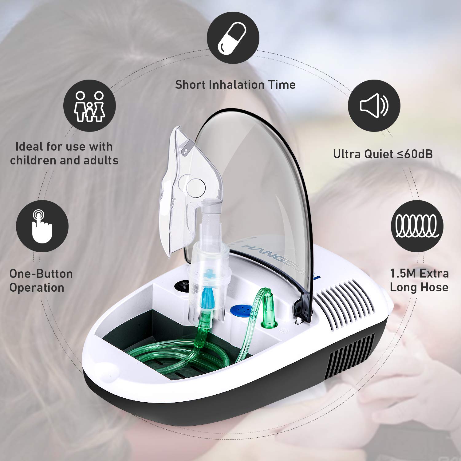 Hangsun Nébuliseur Inhalateur CN680 Portable Compresseur avec Embout et Masque pour les Enfants et les Adultes