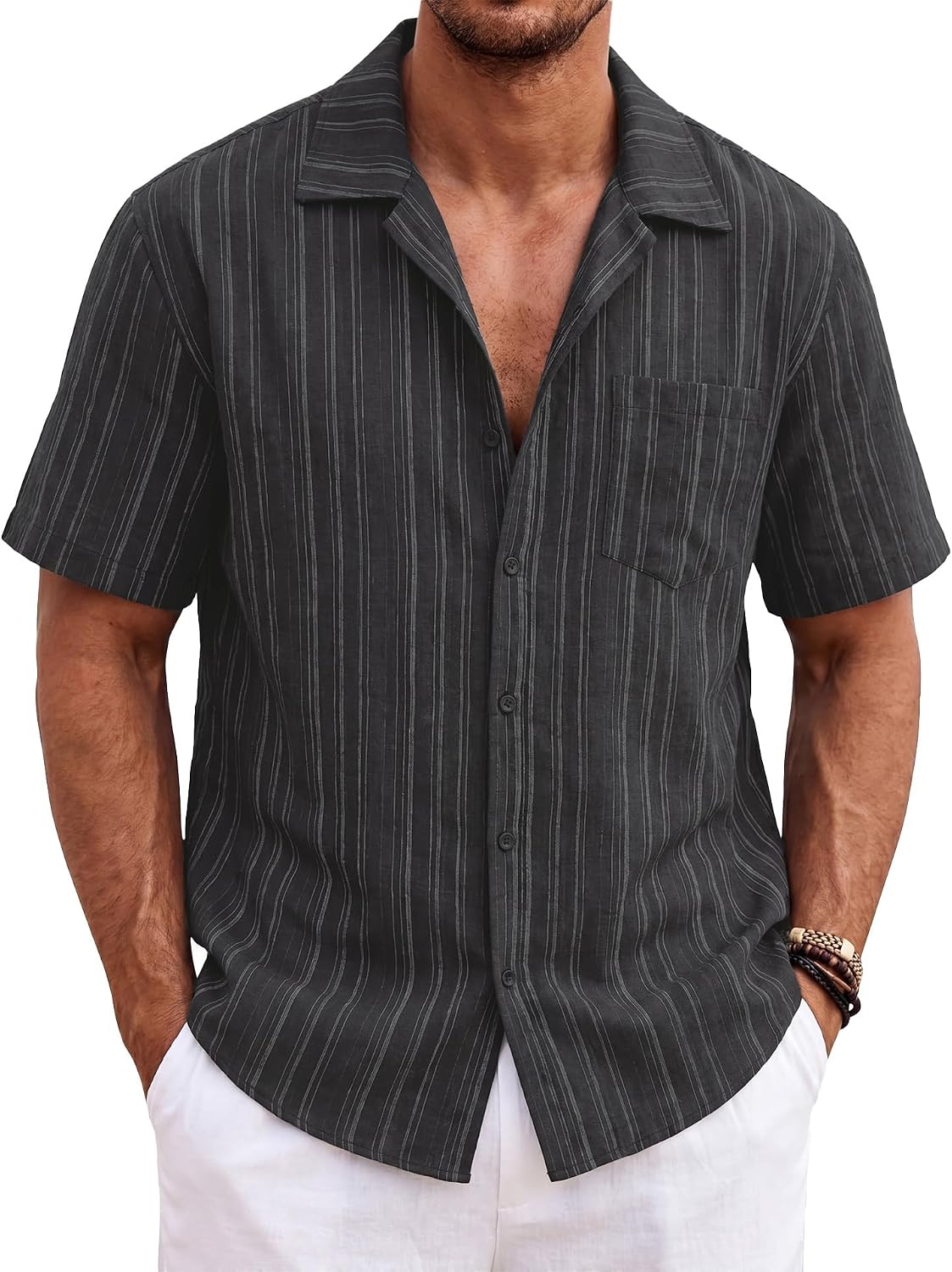 Men's Striped Short Sleeve Button Up Shirt Casual Summer Top